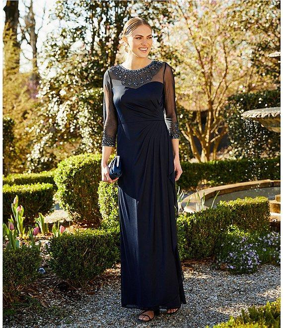 Alex Evenings Long Beaded Illusion Sweetheart Neck 3/4 Sleeve Ruched Dress Product Image