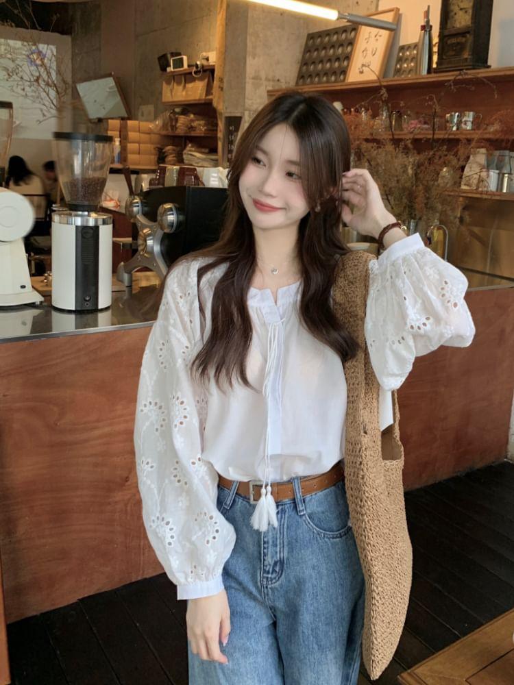 Puff-Sleeve Plain Tasseled Eyelet Lace Blouse Product Image