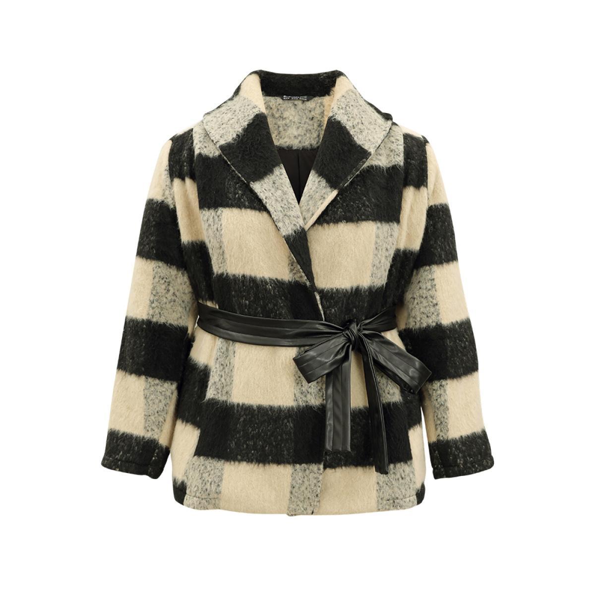 Plus Size Plaid PU Leather Belted Lapel Collar Coat Women Black Casual Lined Ladies Dailywear Winter Coats BloomChic 14-16/1X Product Image