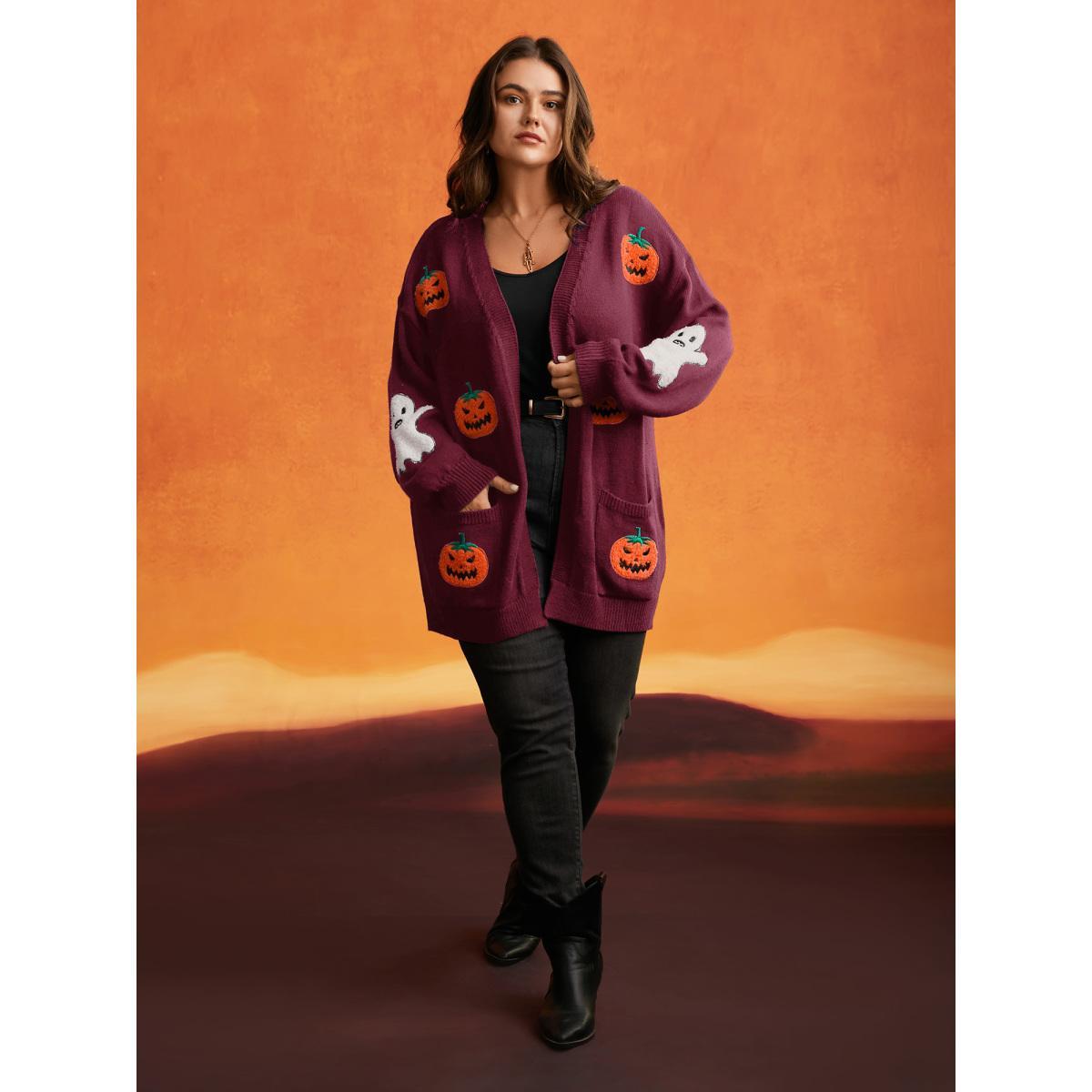 Plus Size Pumpkin Ghost Embroidery Open Cardigan Burgundy Women Casual Loose Long Sleeve Everyday Cardigans BloomChic 26/4X Product Image