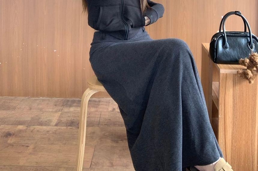 Hooded Plain Zip-Up Jacket / High Rise Maxi A-Line Skirt Product Image