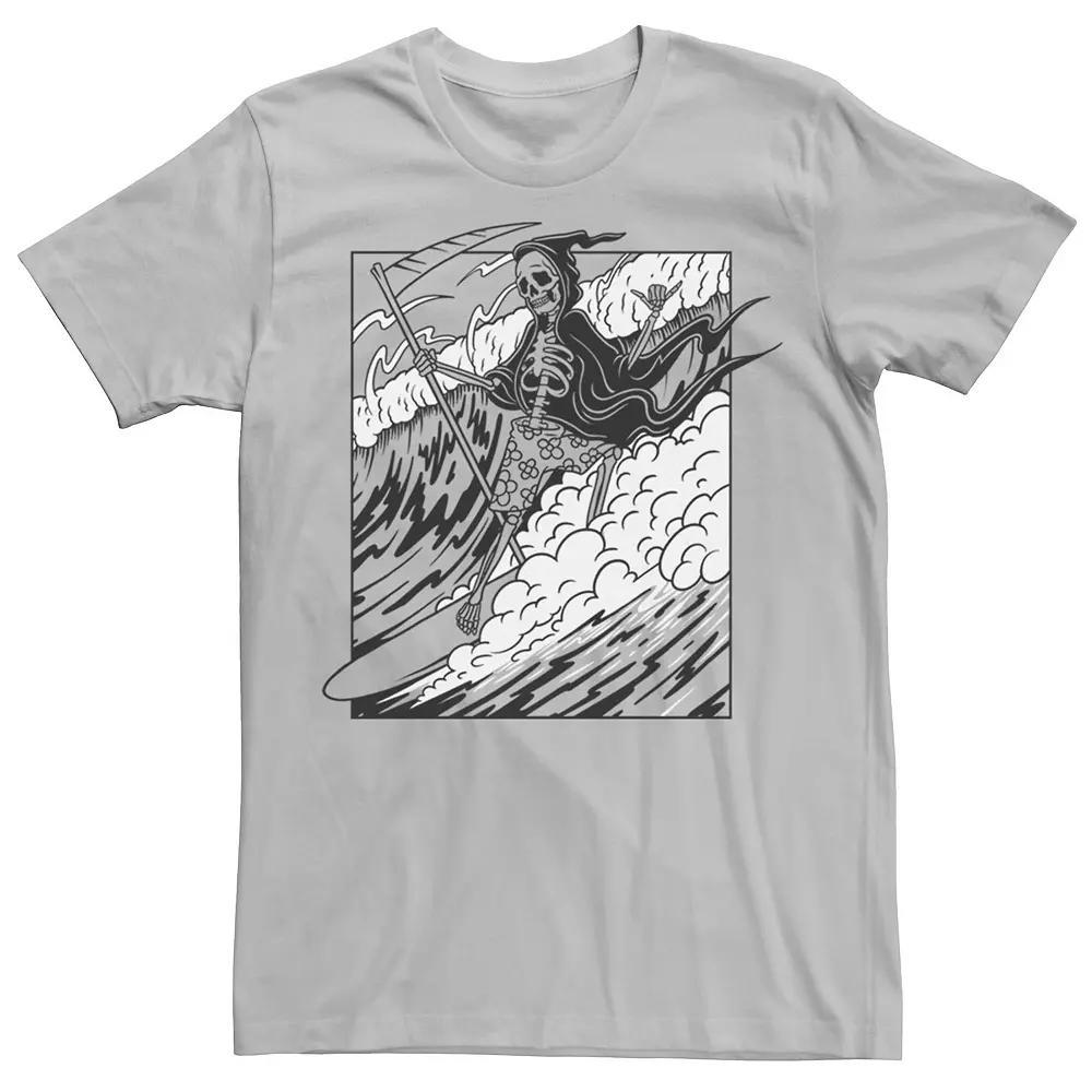 Men's Grim Reaper Riding The Wave Poster Graphic Tee, Size: Large, Silver Product Image