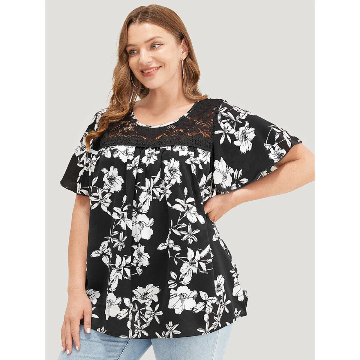 Plus Size BlackFlower Floral Print Gathered Lace Patchwork Blouse Women Elegant Short sleeve Round Neck Dailywear Blouses BloomChic 12/L Product Image