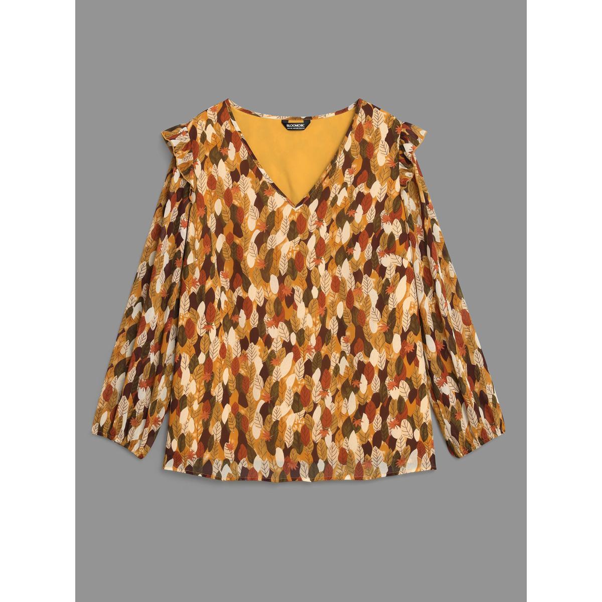 Plus Size Multicolor Leaves Print Ruffle Trim Slit Hem Blouse Women Elegant Long Sleeve V-neck Everyday Blouses BloomChic 10/M Product Image