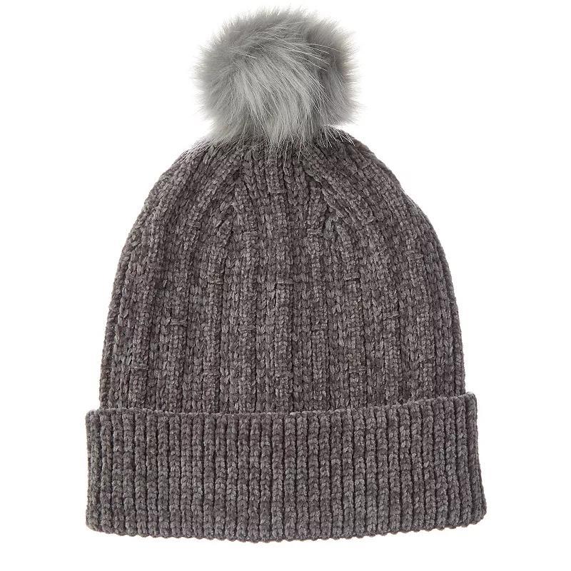 Women's isotoner Chenille Cuff Beanie Hat with Faux Fur Pom, Black Product Image