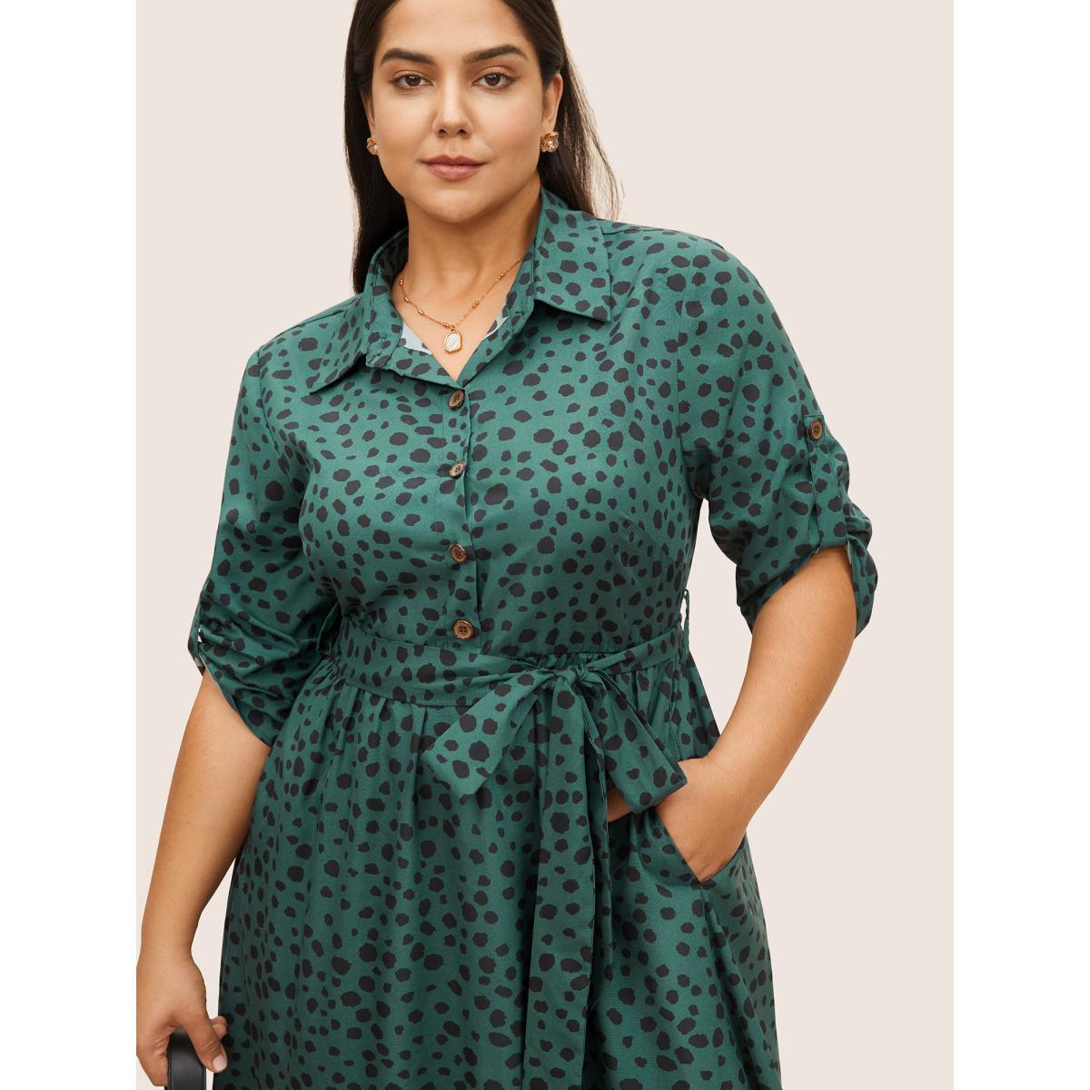 Plus Size Shirt Collar Polka Dot Elastic Waist Belted Dress Emerald Women At the Office Non Shirt collar Half Sleeve Curvy Midi Dress BloomChic 26/4X Product Image