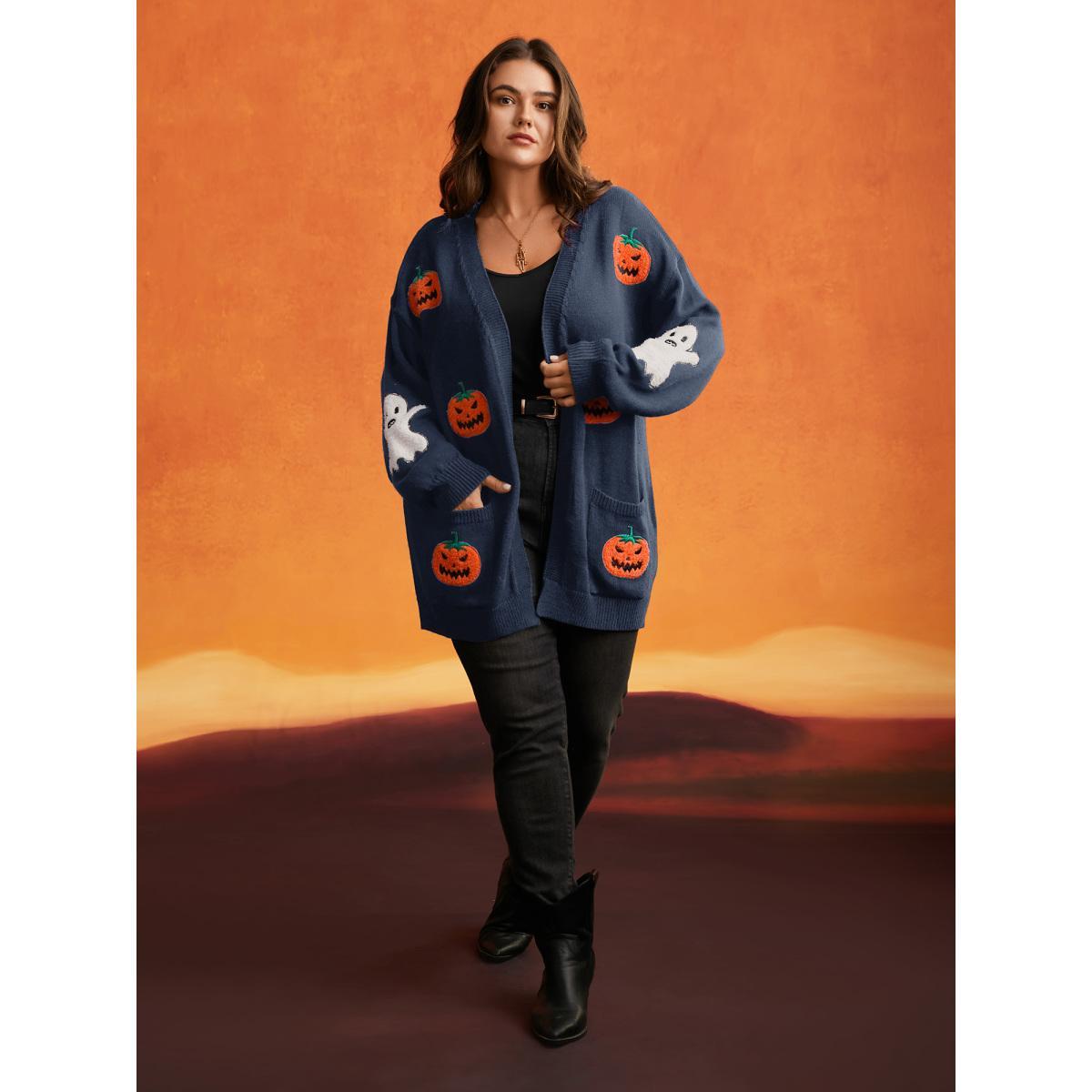 Plus Size Pumpkin Ghost Embroidery Open Cardigan Burgundy Women Casual Loose Long Sleeve Everyday Cardigans BloomChic 26/4X Product Image