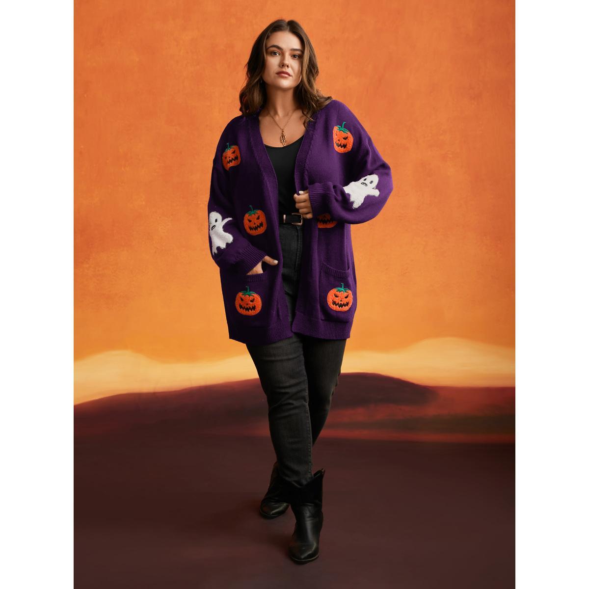 Plus Size Pumpkin Ghost Embroidery Open Cardigan Deeppurple Women Casual Loose Long Sleeve Everyday Cardigans BloomChic 28/5X Product Image