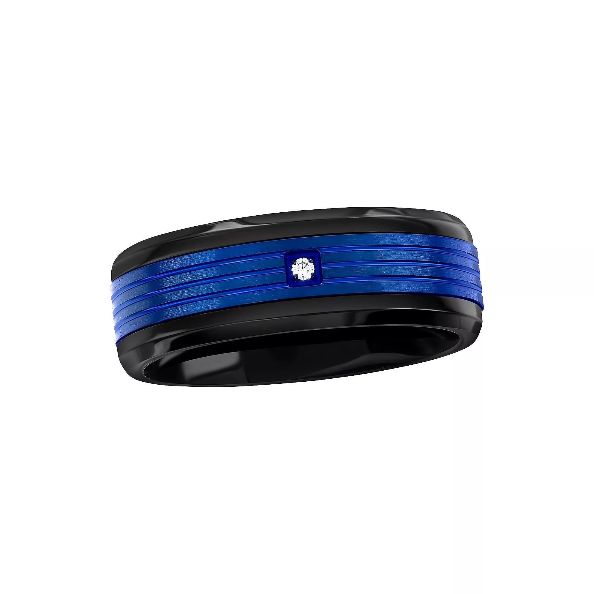 Metallo Men's Black and Blue Stainless Steel Cubic Zirconia Ring, Size: 9 Product Image