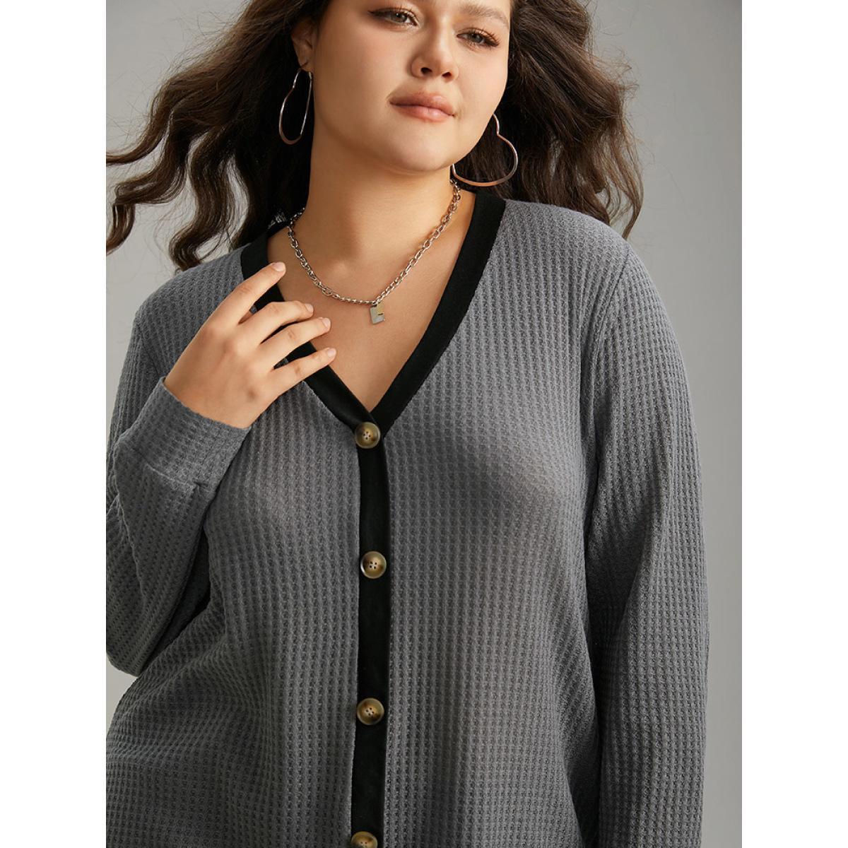 Plus Size Waffle Knit Button Detail Contrast Trim T-shirt Gray Women Casual Waffle Knit Plain Open Front Dailywear T-shirts BloomChic 12/L Product Image