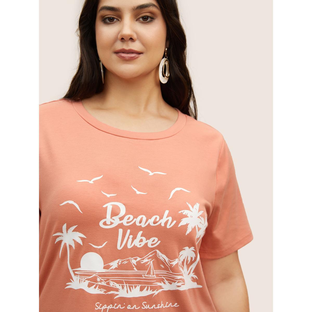 Plus Size Tropical Coconut Tree Print Round Neck T-shirt Salmon Women Resort Contrast Art&design Round Neck Vacation T-shirts BloomChic 14-16/1X Product Image