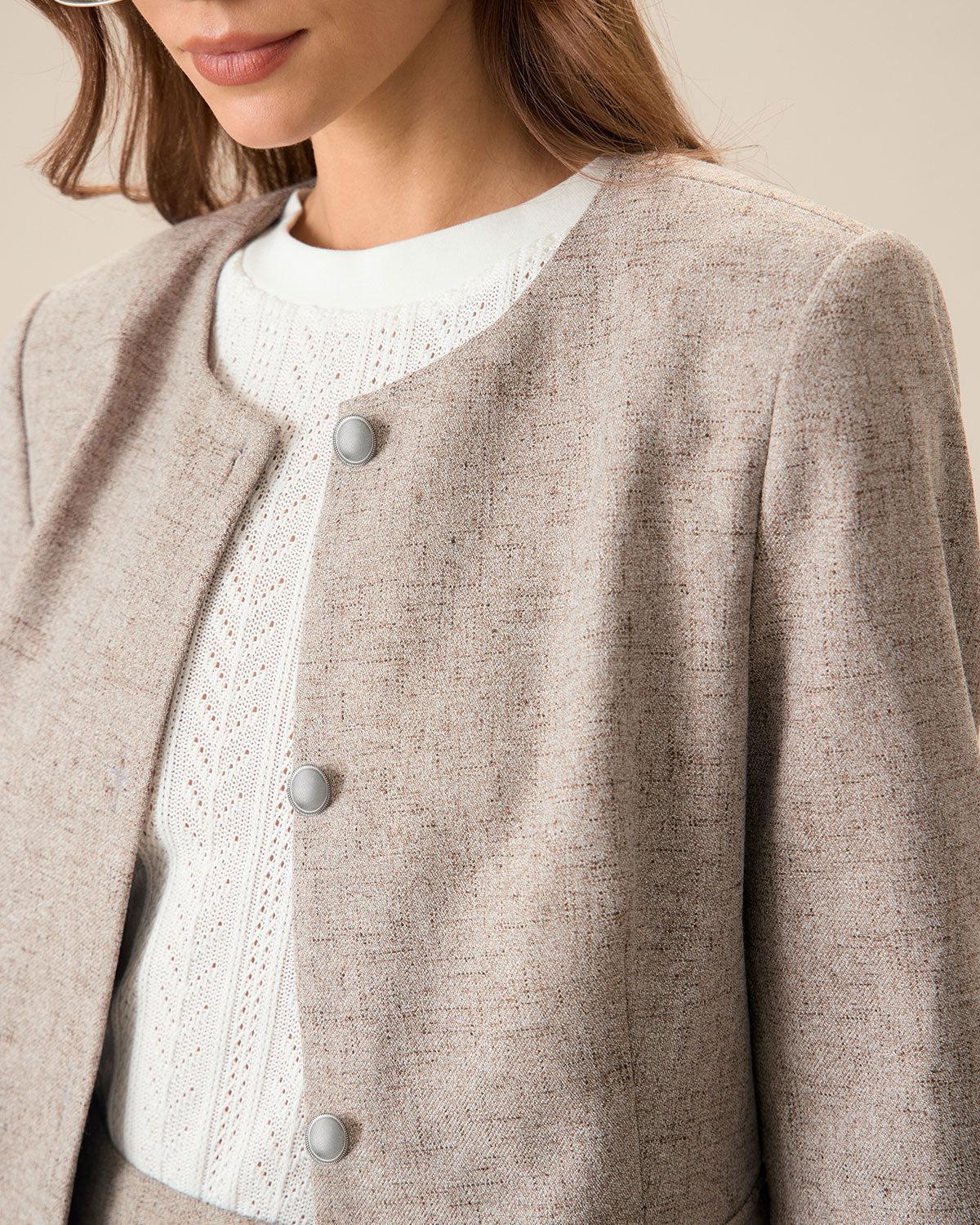 Round Neck Khaki Single-Breasted Jacket Product Image