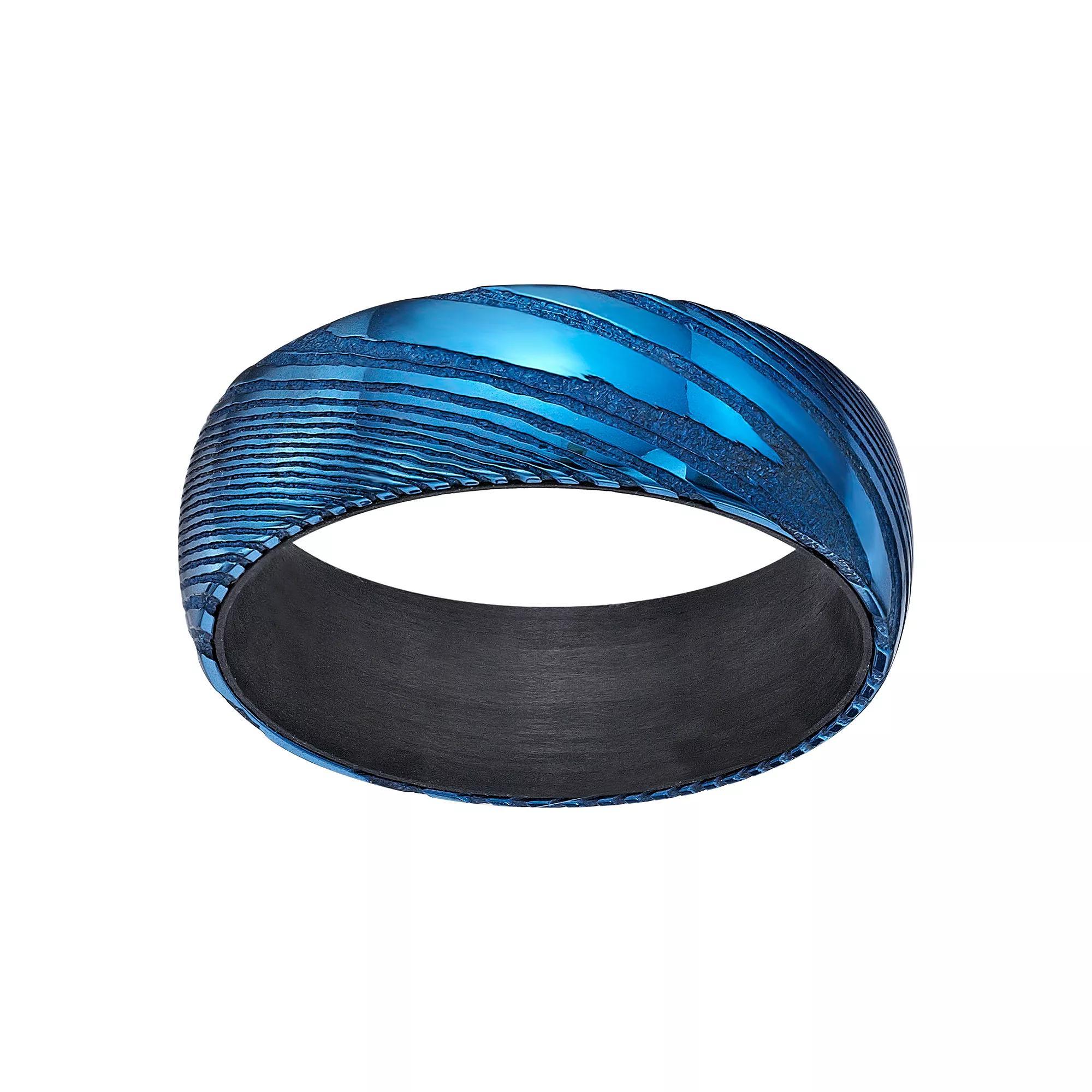 Men's LYNX Damascus Steel Blue Ion Plated Carbon Fiber Sleeve Ring, Size: 12, Two Tone Product Image