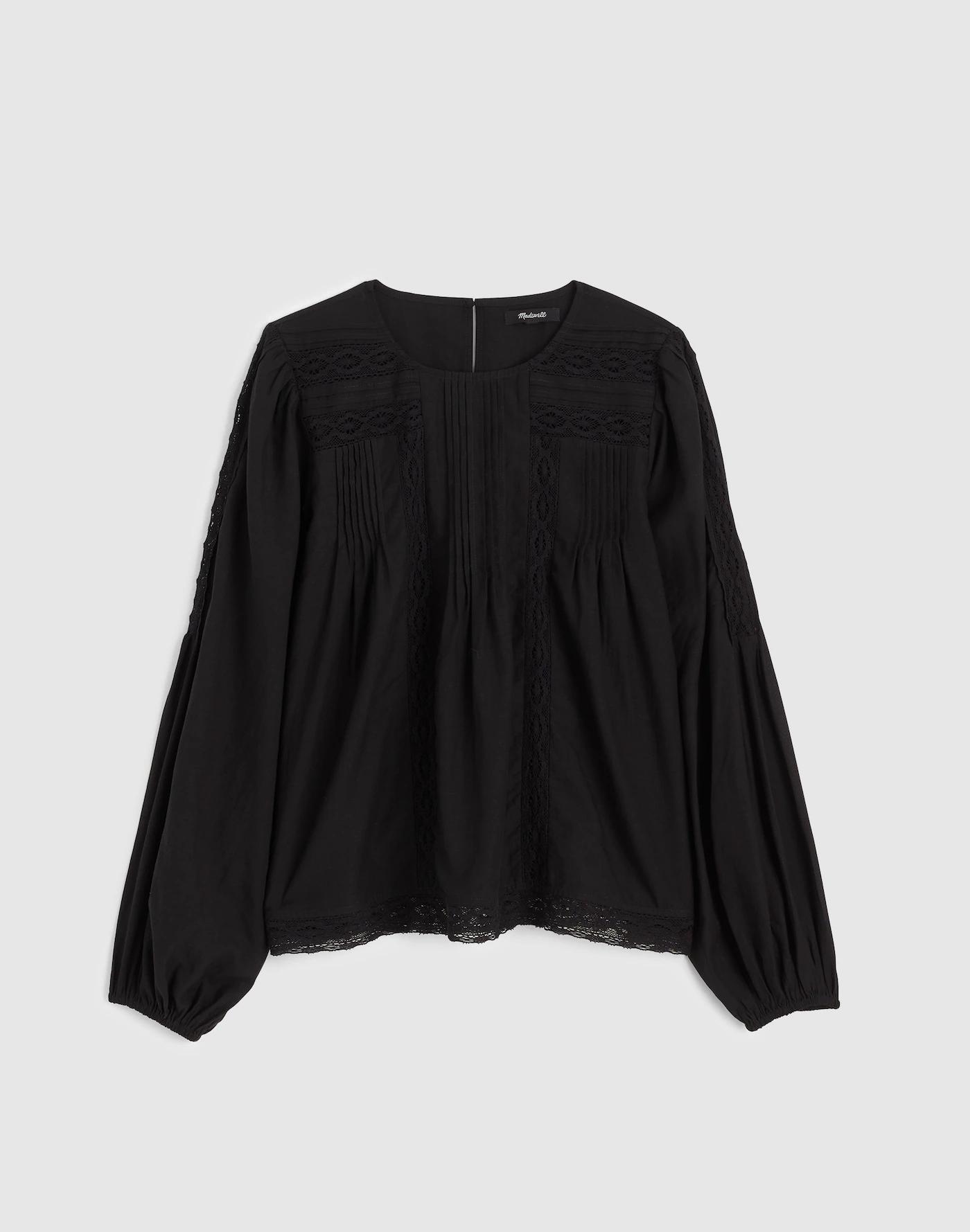 Lace-Insert Pintucked Long-Sleeve Top Product Image