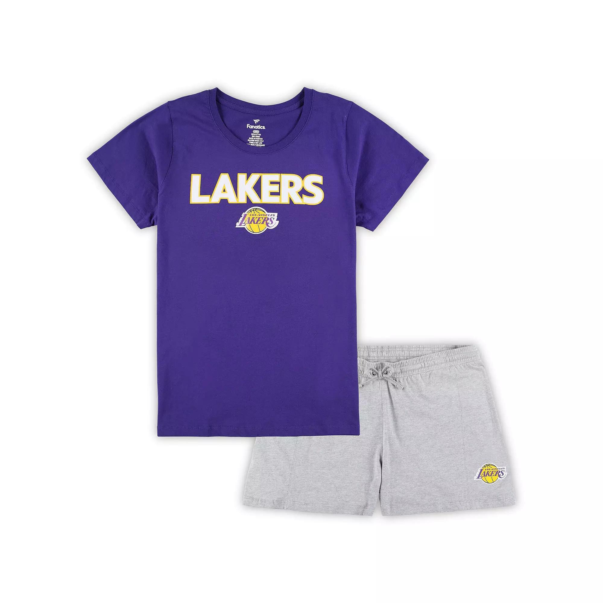 Women's Fanatics Branded Purple/Heather Gray Los Angeles Lakers Plus Size T-Shirt & Shorts Combo Set, Size: 2XL Product Image