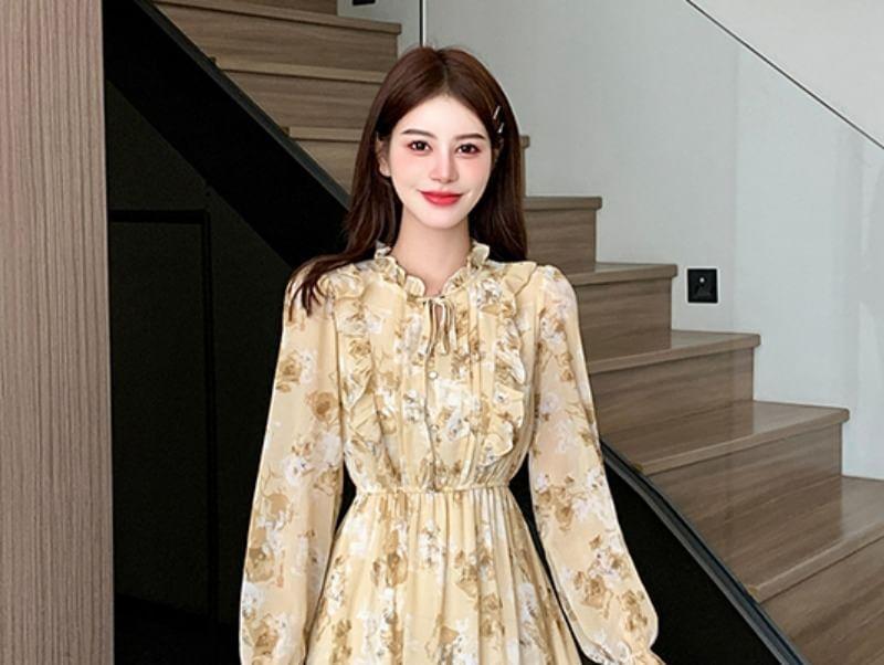 Long-Sleeve Floral Print Maxi A-Line Dress Product Image