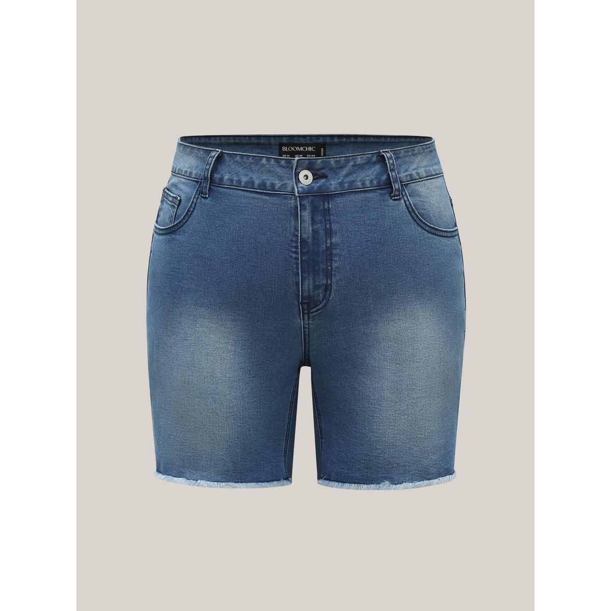 Plus Size Frayed Hem High Rise Denim Shorts Women Midblue Medium stretch Everyday-Casual Slanted pocket Denim Shorts BloomChic 10/M Product Image