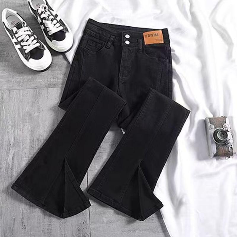 High Waist Plain Slit Flared Jeans Product Image