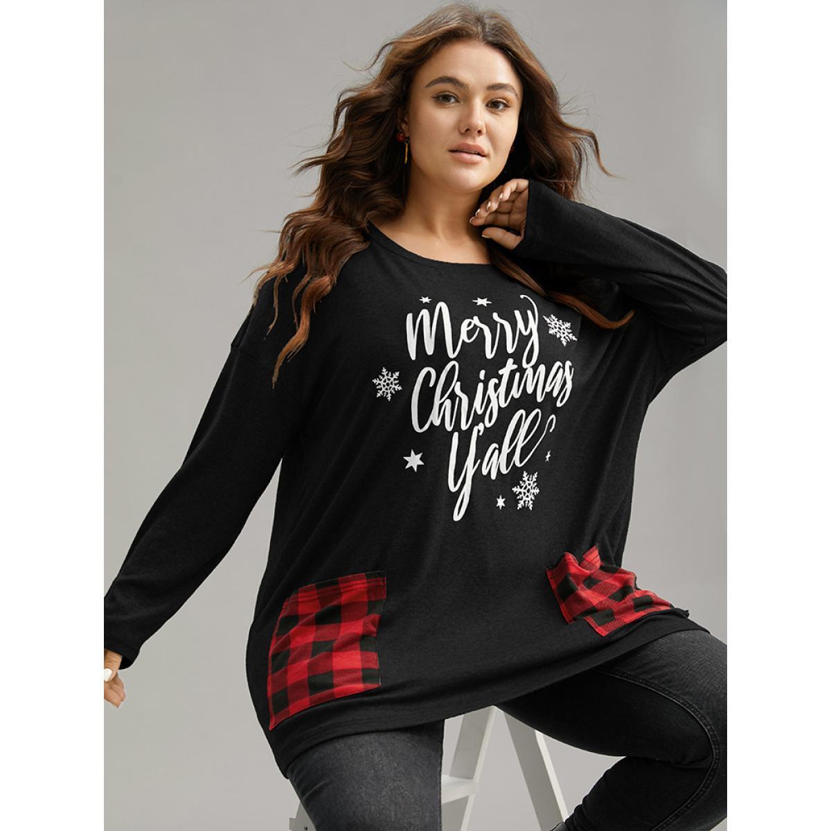 Plus Size Christmas Letter Plaid Patchwork Pocket T-shirt Black Women Casual Contrast Christmas Festival-Halloween T-shirts BloomChic 12/L Product Image