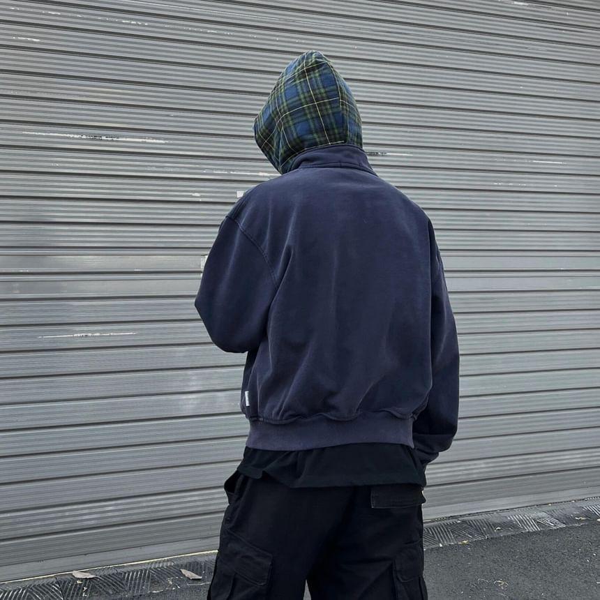 Mock Two-Piece Plaid Panel Zip-Up Hoodie Product Image
