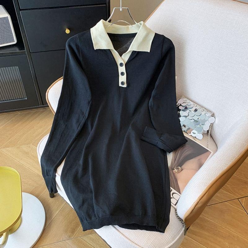 Long Sleeve Collared Two Tone Button Knit Mini A-Line Dress Product Image