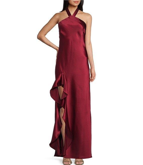 Morgan & Co. Satin Y-Neck Halter Ruffle Dress Product Image