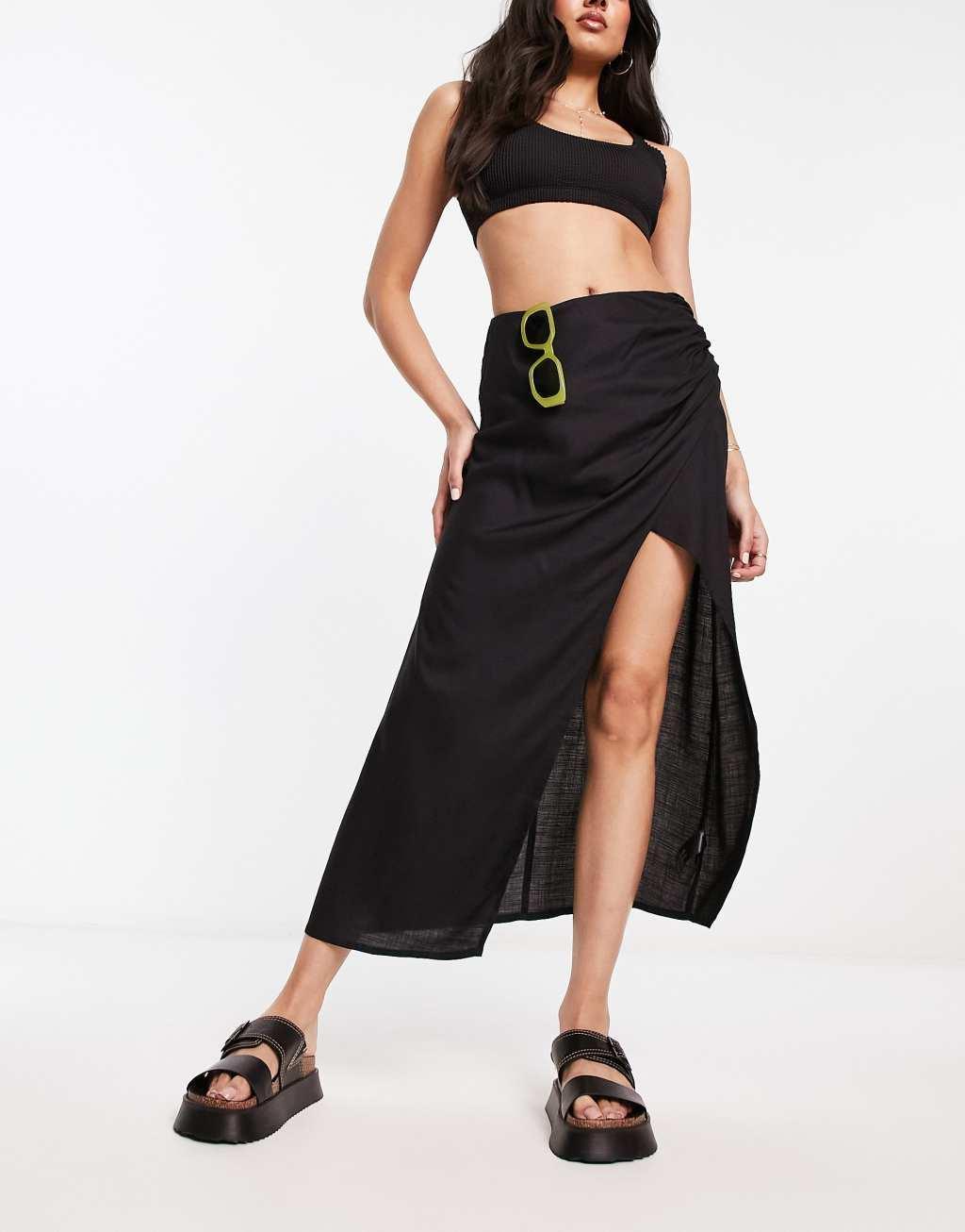 ASOS DESIGN natural slub ruched side midi skirt Product Image