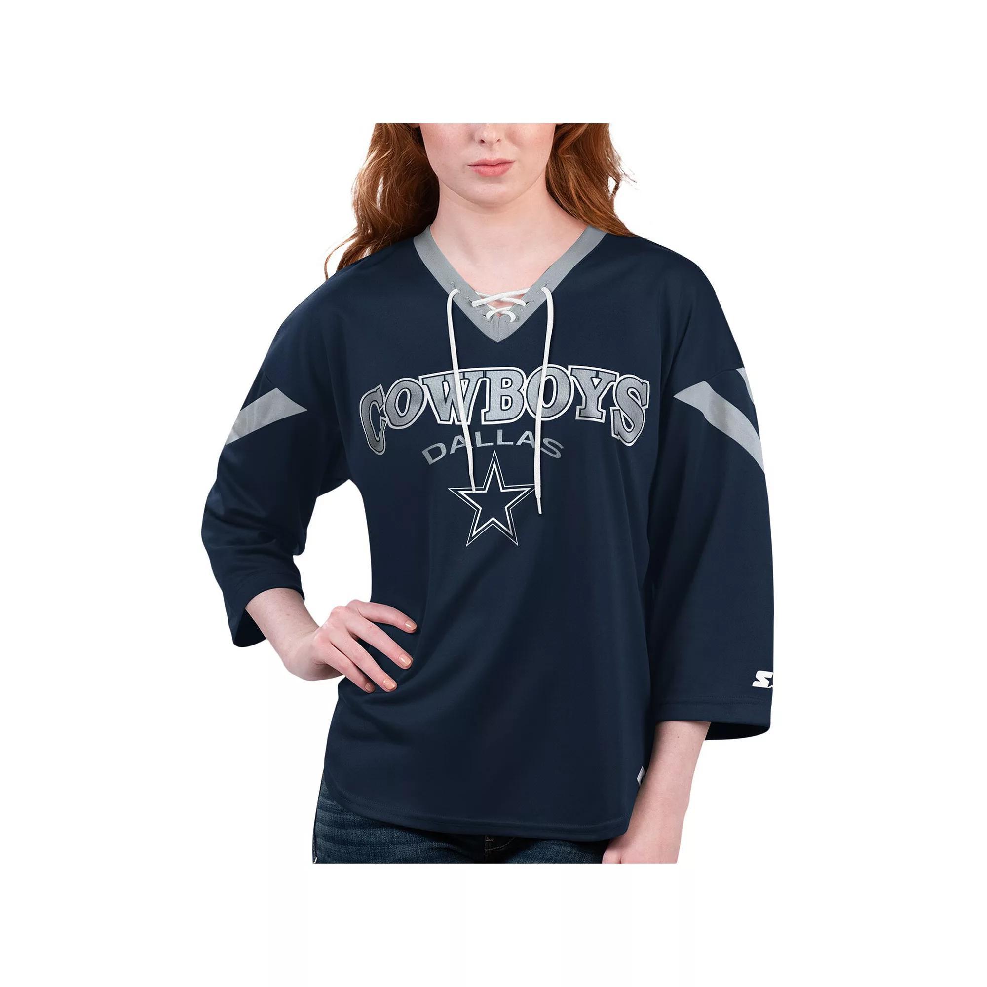 Women's Starter Navy Dallas Cowboys Rally Lace-Up 3/4-Sleeve T-Shirt, Size: Large, Blue Product Image