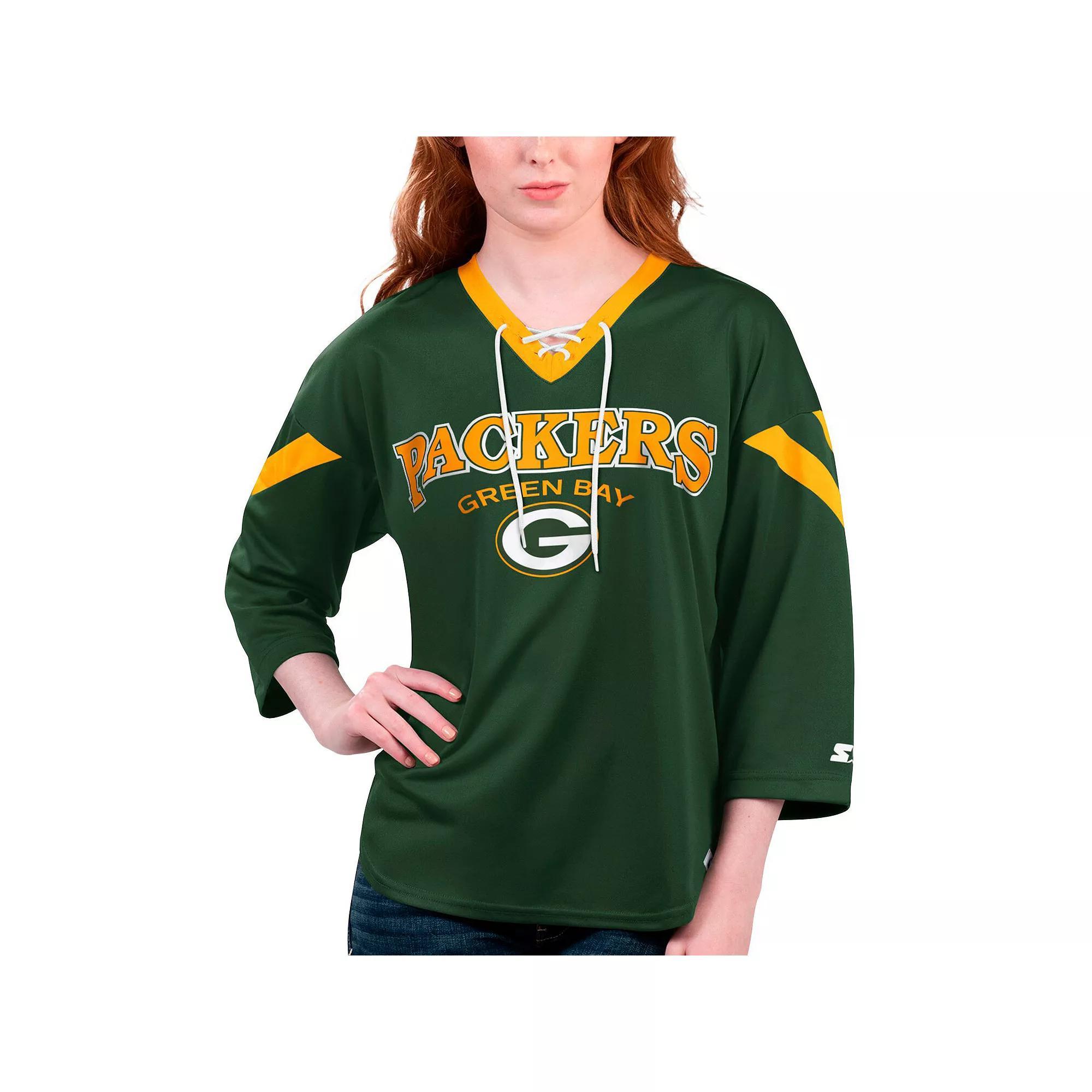 Women's Starter Green Green Bay Packers Rally Lace-Up 3/4 Sleeve T-Shirt, Size: XS Product Image