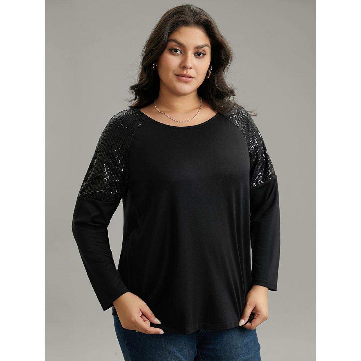 Plus Size Sequin Patchwork Raglan Sleeve T-shirt Black Women Elegant Sequin Galaxy Round Neck Dailywear T-shirts BloomChic 30/6X Product Image