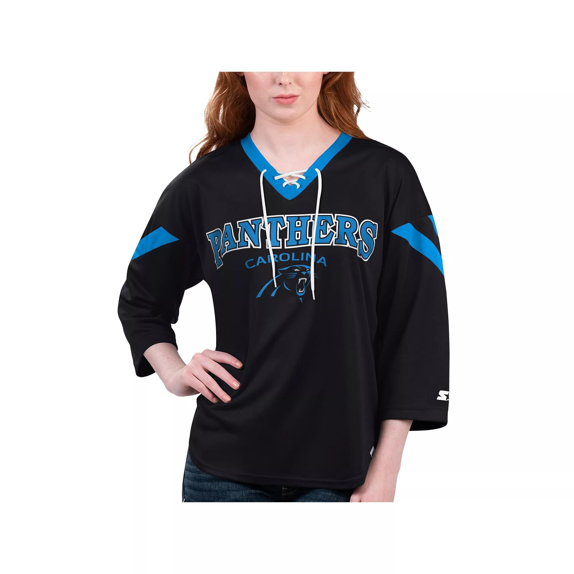 Women's Starter Black Carolina Panthers Rally Lace-Up 3/4 Sleeve T-Shirt, Size: Medium Product Image