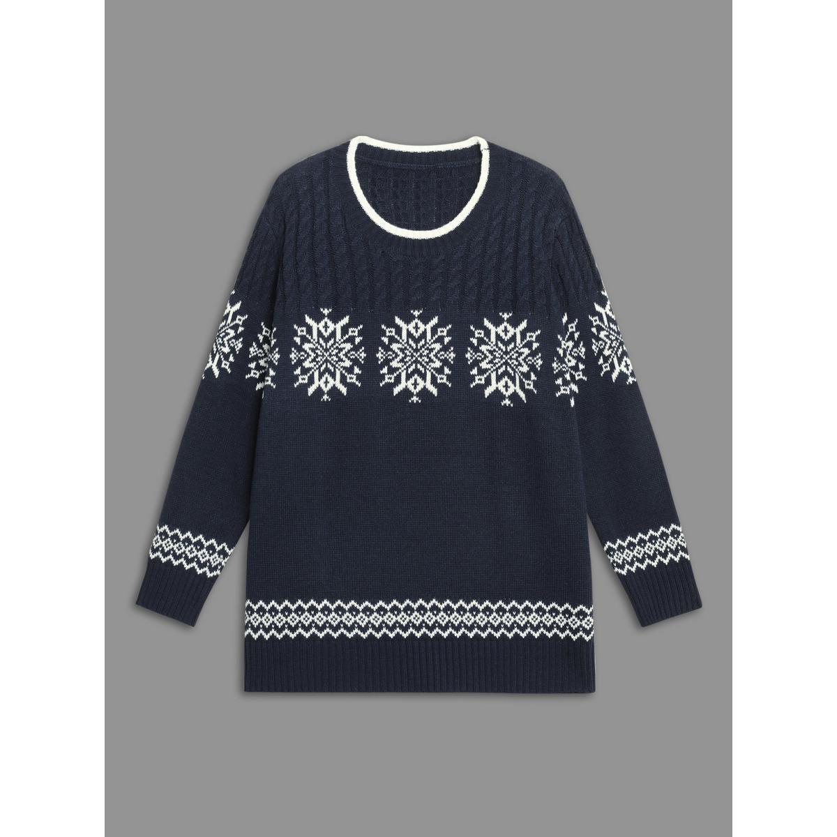 Plus Size Snowflakes Pattern Contrast Round Neck Pullover Midnight Women Casual Loose Long Sleeve Round Neck Everyday Pullovers BloomChic 28/5X Product Image