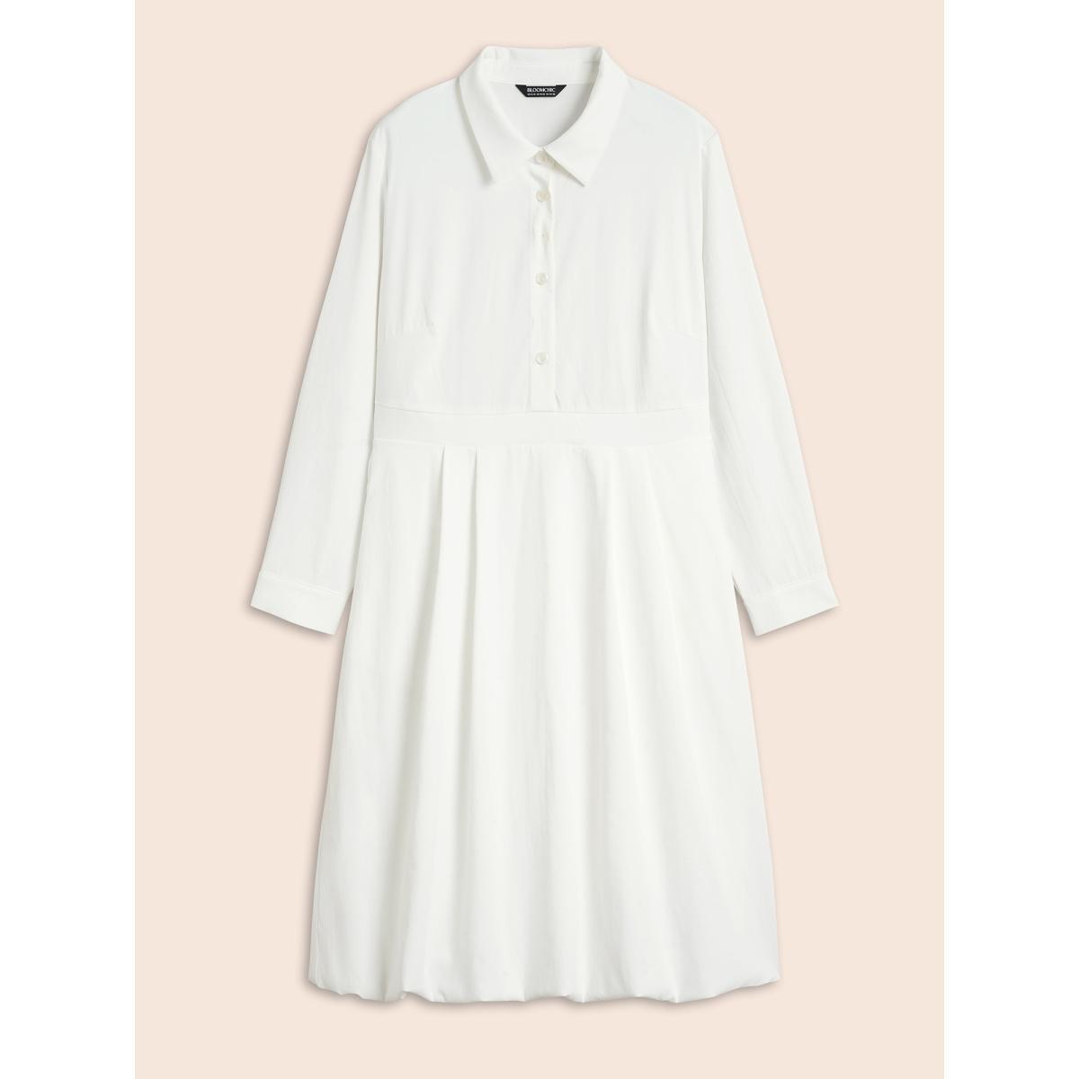 Plus Size Plain Shirt Collar Shirred Bubble Dress Originalwhite Women Elegant Button Shirt collar Long Sleeve Curvy BloomChic 14-16/1X Product Image