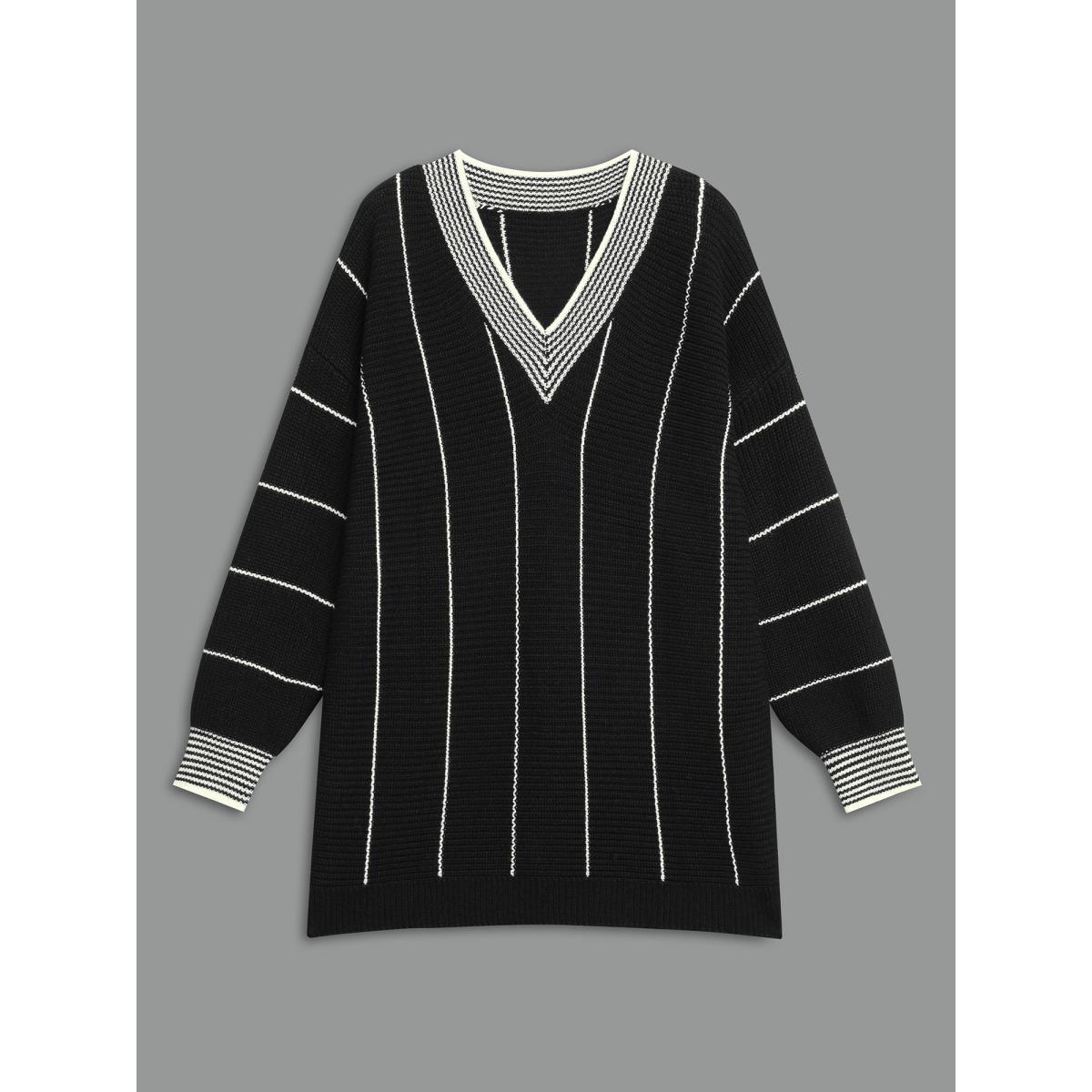 Plus Size Texture Contrast Striped Lantern Sleeve Pullover Black Women Casual Loose Long Sleeve V-neck Everyday Pullovers BloomChic 22-24/3X Product Image