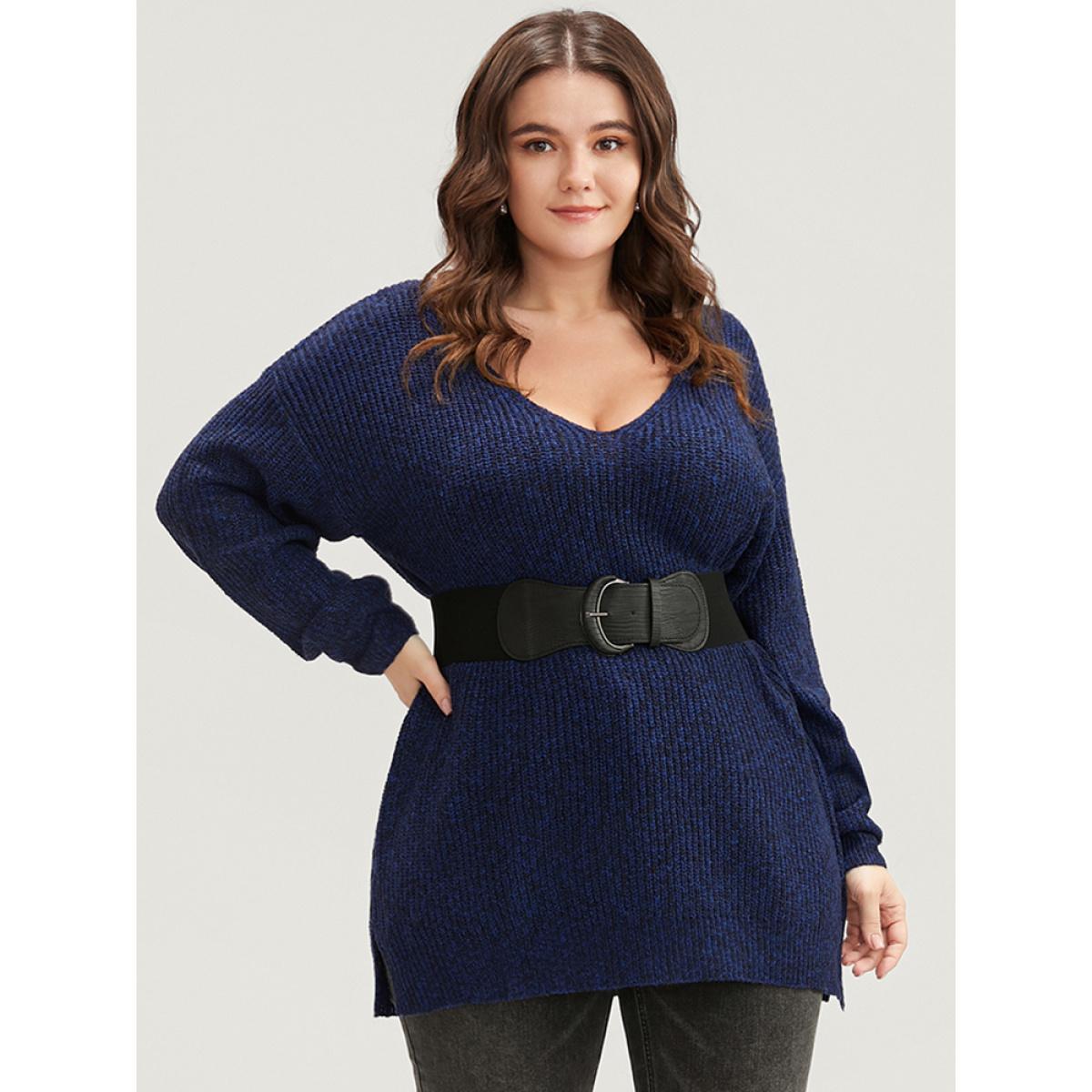 Plus Size Solid Pointelle Knit V Neck Split Hem Heather Knit Top DarkBlue Women Casual Loose Long Sleeve V-neck Dailywear Pullovers BloomChic 22-24/3X Product Image