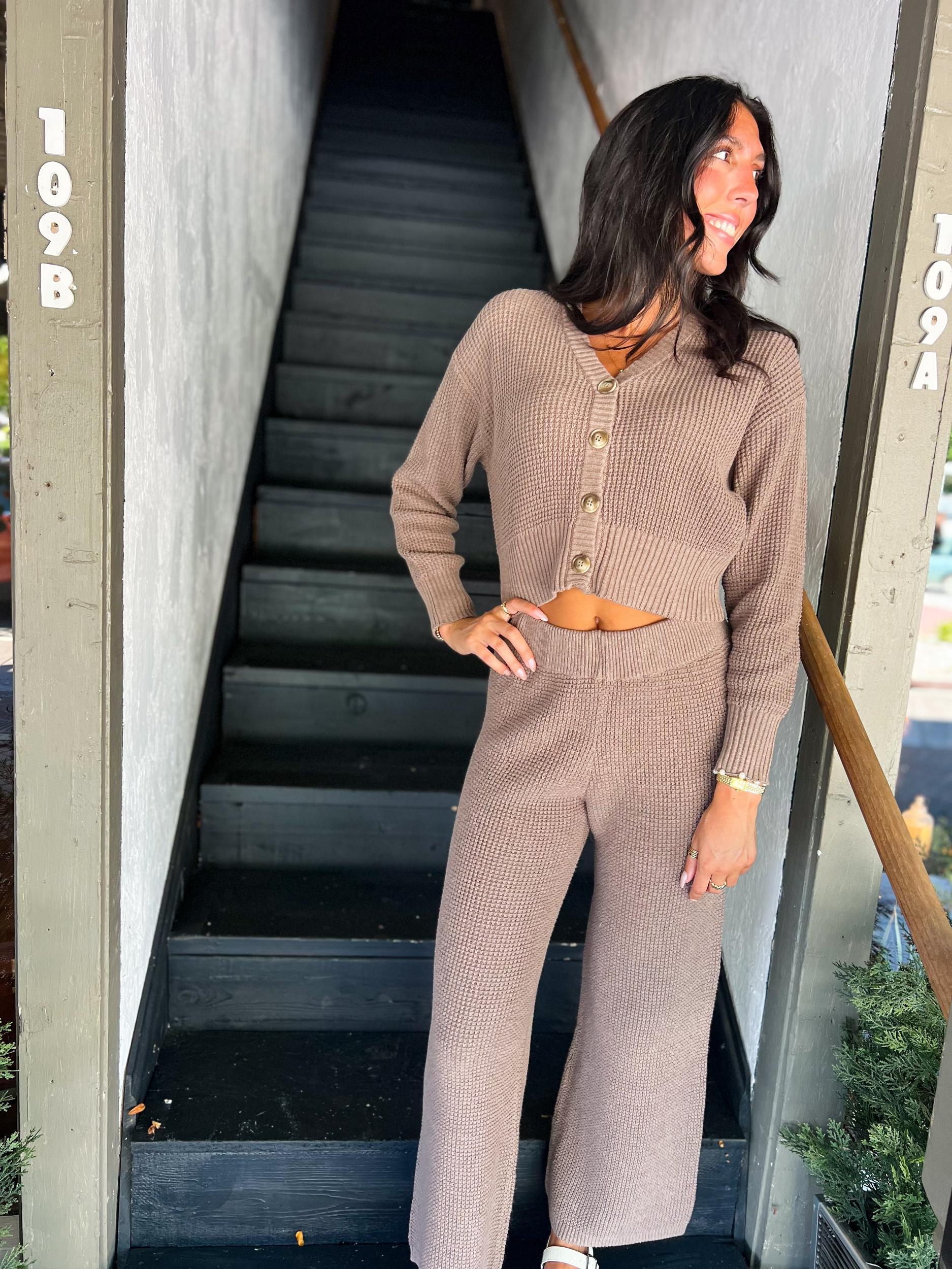 Heather Brown Waffle Knit Flared Pant Product Image