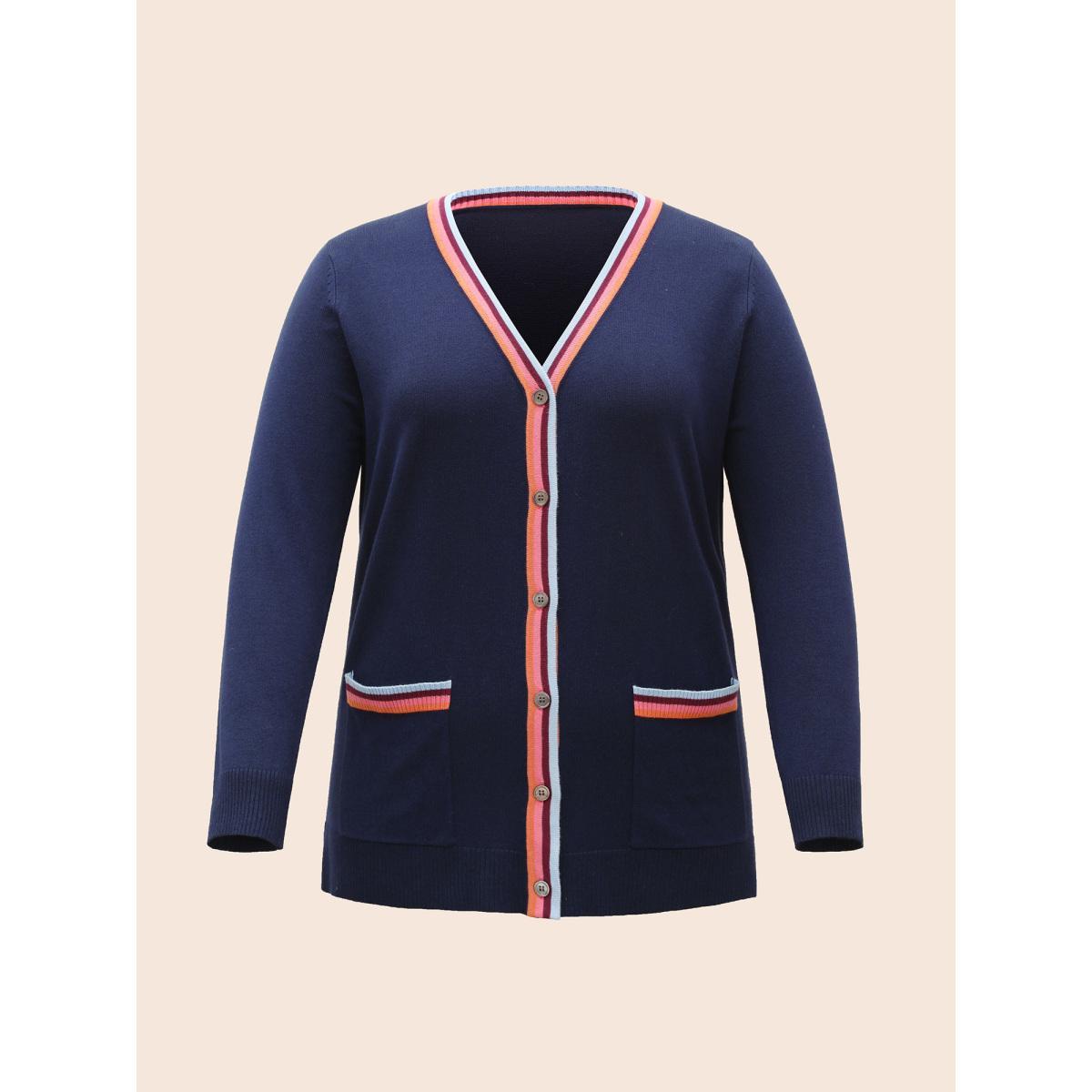 Plus Size Contrast Striped Trim Patch Pocket Cardigan Indigo Women Casual Loose Long Sleeve Everyday Cardigans BloomChic 14-16/1X Product Image