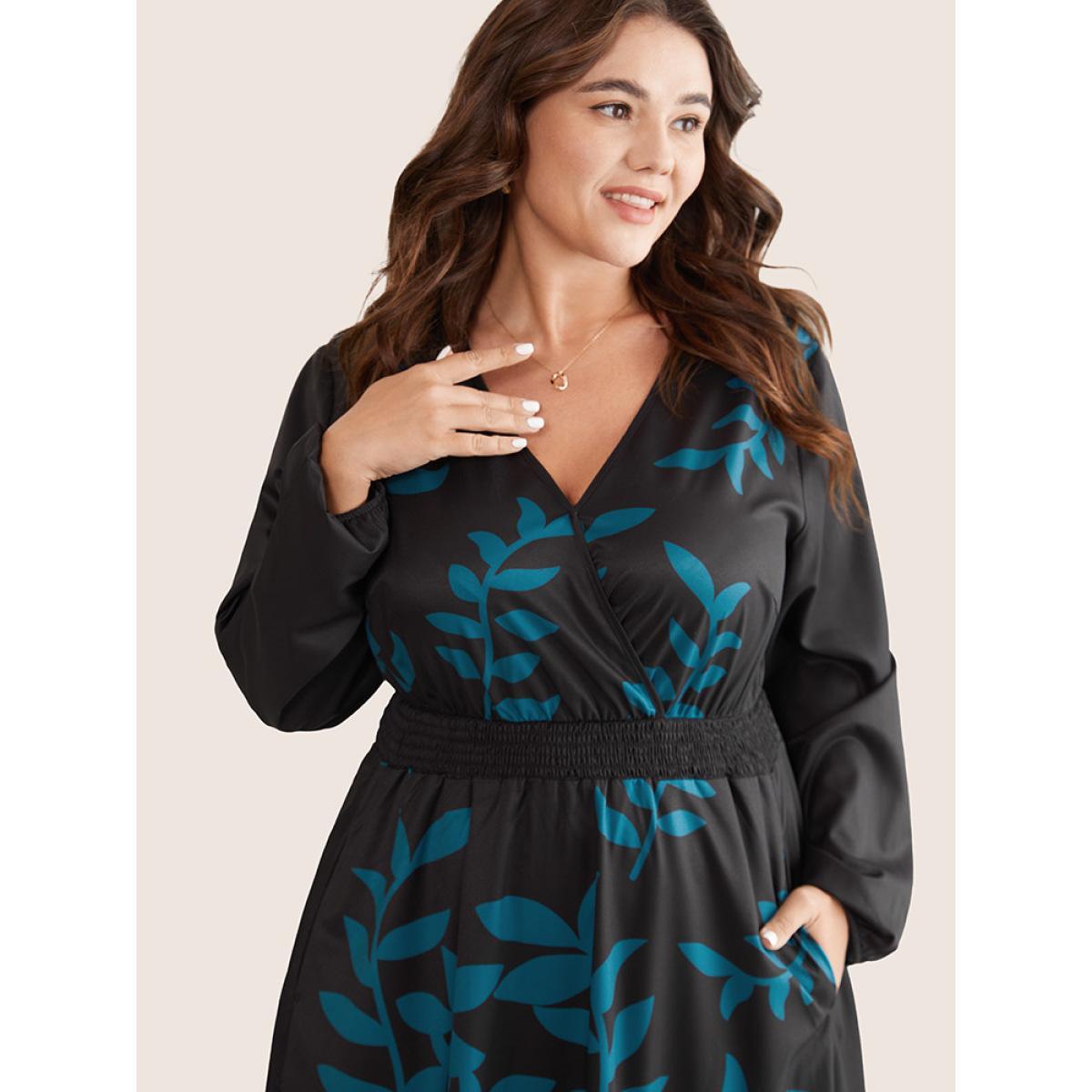 Plus Size Silhouette Floral Print Surplice Neck Shirred Dress Emerald Women Elegant Elastic cuffs Overlap Collar Long Sleeve Curvy Midi Dress BloomChic 10/M Product Image