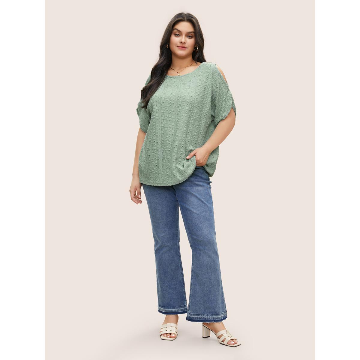 Plus Size Plain Texture Round Neck Cut Out T-shirt Mint Women Elegant Non Plain Round Neck Everyday T-shirts BloomChic 28/5X Product Image