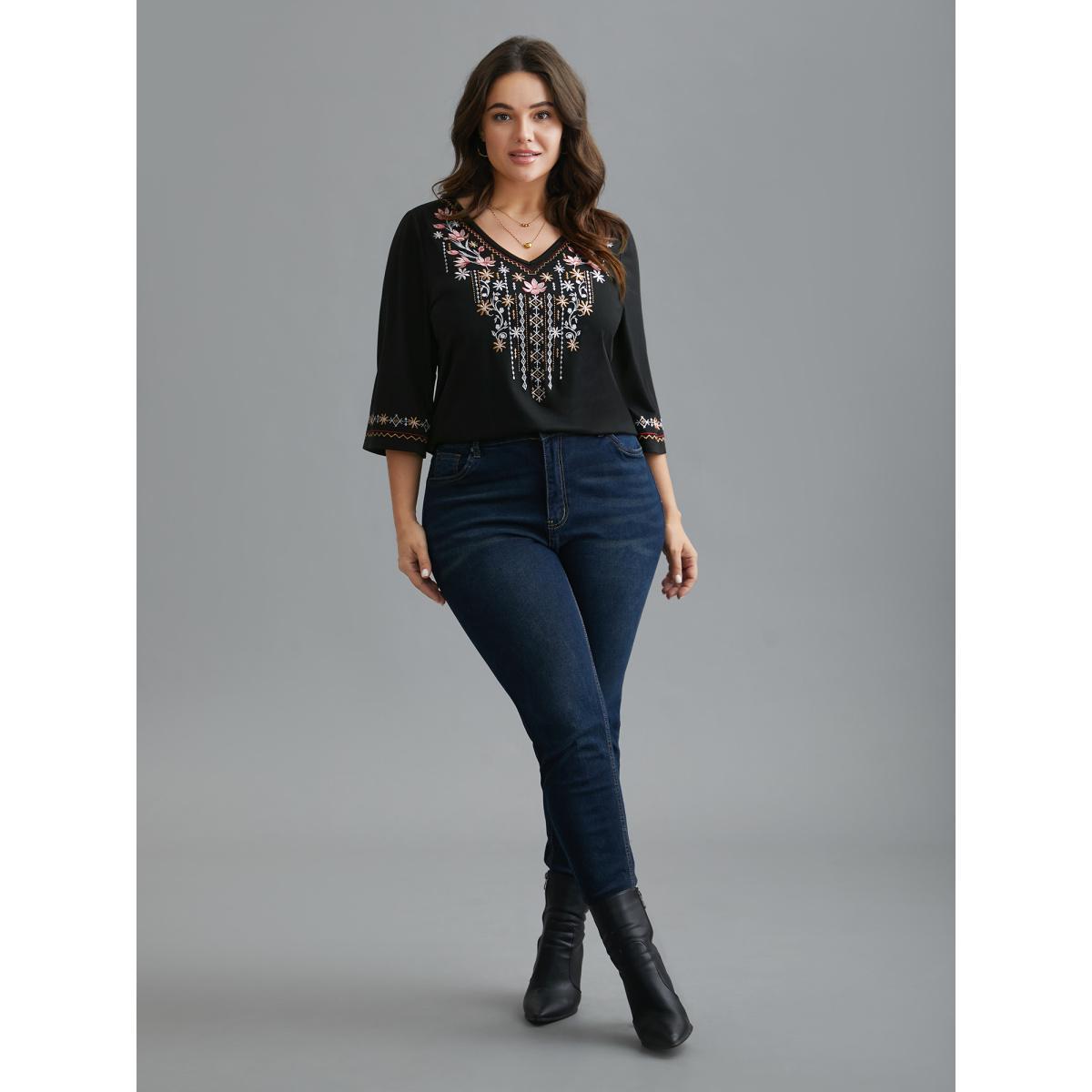 Plus Size Floral Embroidered V-Neck T-shirt Black Women Elegant Embroidered Natural Flowers V-neck Everyday T-shirts BloomChic 18-20/2X Product Image