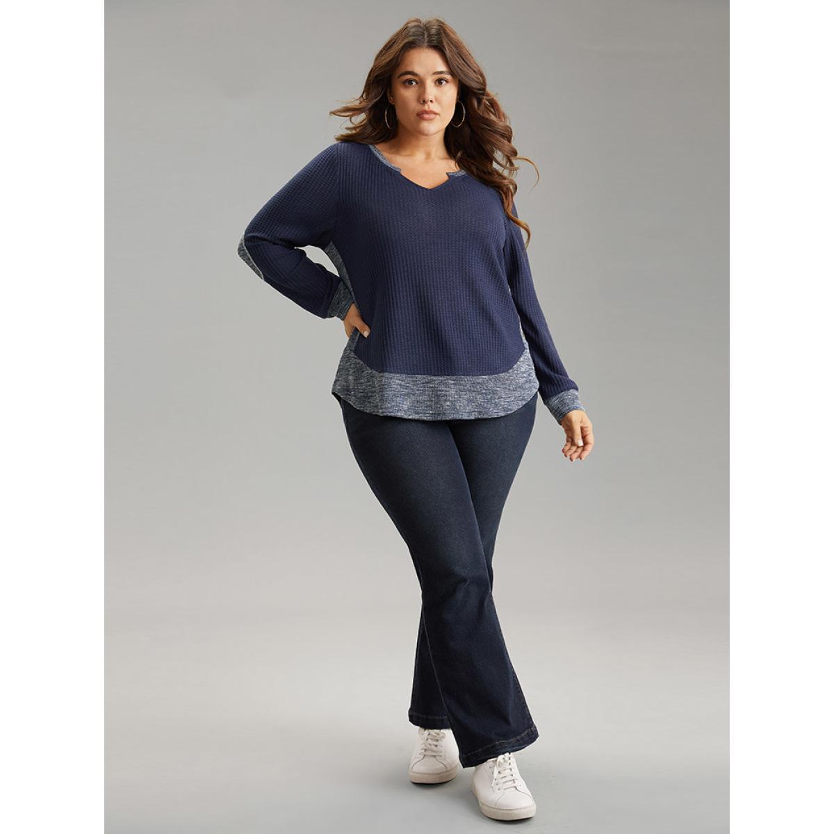 Plus Size Waffle Knit Two Tone Notched Patchwork T-shirt Navy Women Casual Waffle Knit Plain Notched collar Dailywear T-shirts BloomChic 26/4X Product Image