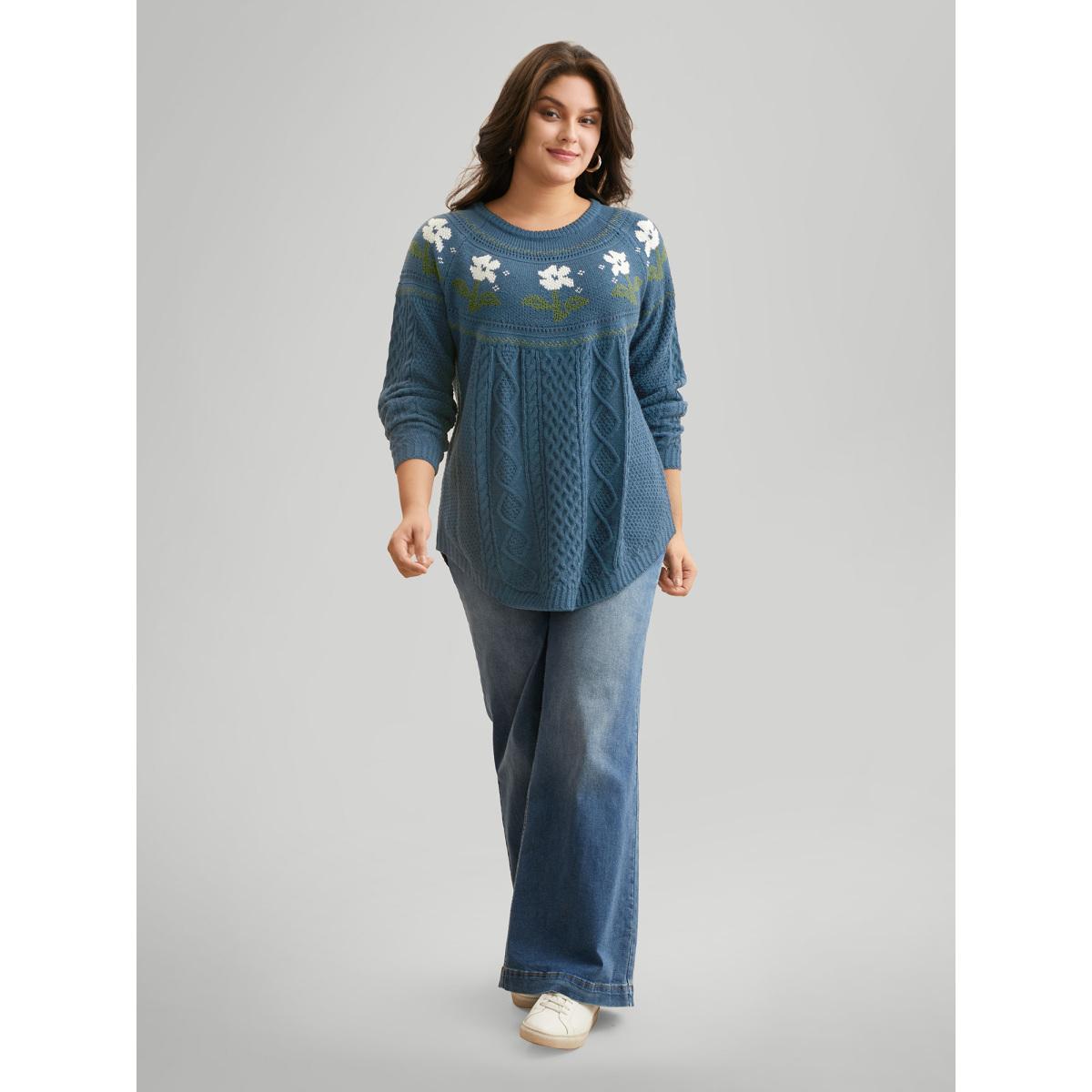 Plus Size Floral Jacquard Raglan Sleeve Pullover Cerulean Women Casual Long Sleeve Round Neck Everyday Pullovers BloomChic 14-16/1X Product Image