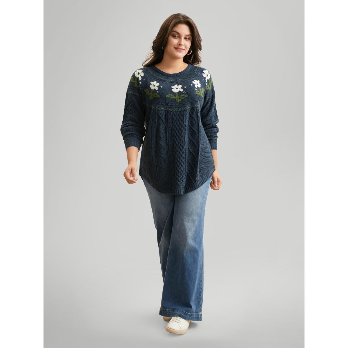 Plus Size Floral Jacquard Raglan Sleeve Pullover Indigo Women Casual Long Sleeve Round Neck Everyday Pullovers BloomChic 26/4X Product Image