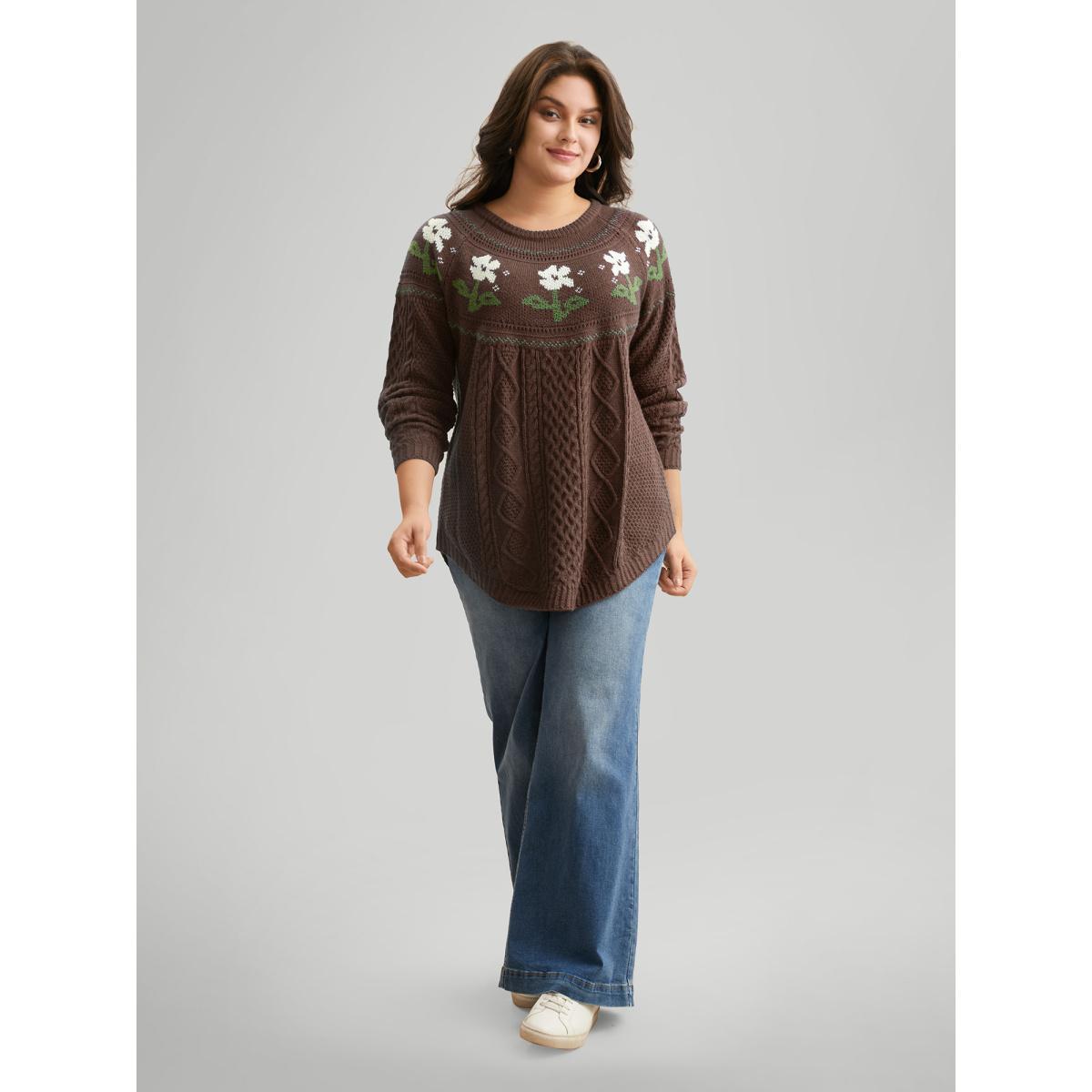 Plus Size Floral Jacquard Raglan Sleeve Pullover Deeppurple Women Casual Long Sleeve Round Neck Everyday Pullovers BloomChic 30/6X Product Image