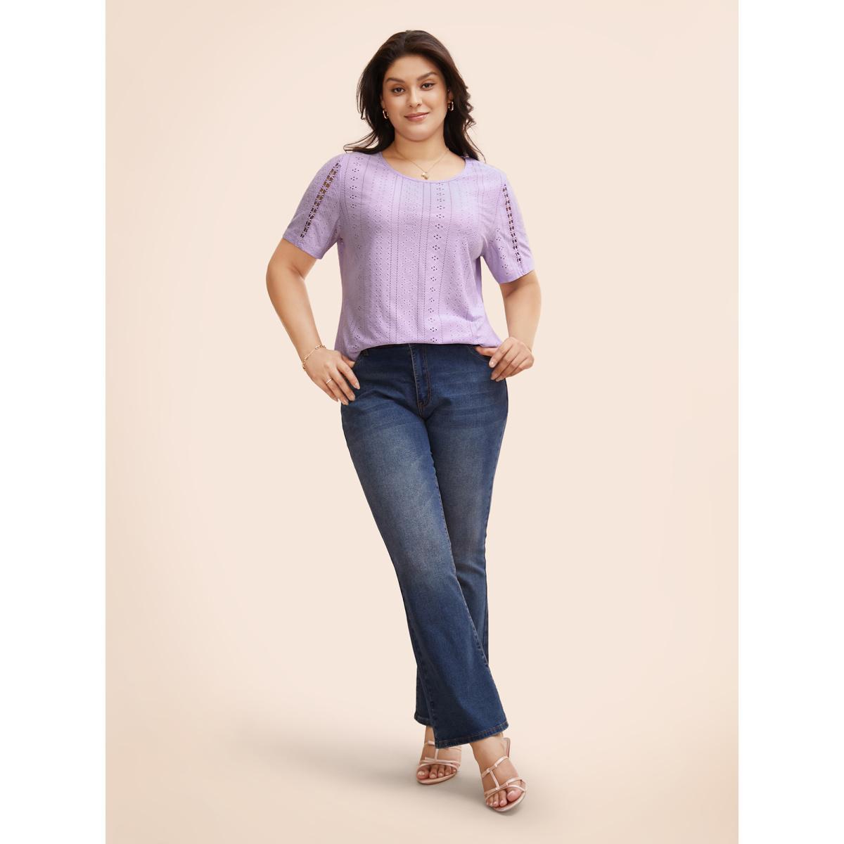 Plus Size Solid Round Neck Broderie Anglaise T-shirt Lavender Women Elegant Woven ribbon&lace trim Round Neck Everyday T-shirts BloomChic 26/4X Product Image