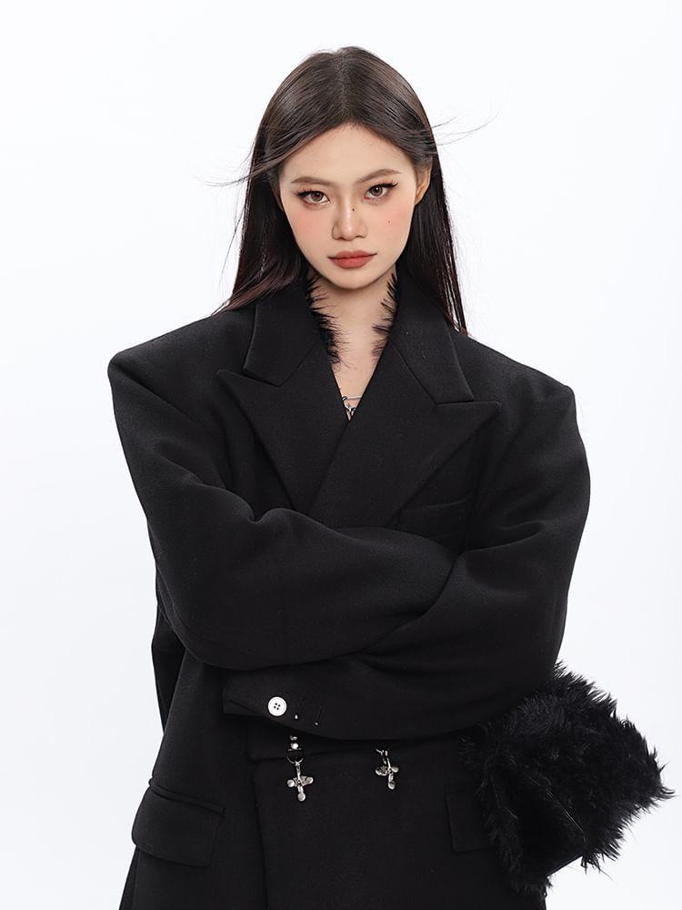 Peak Lapel Plain Buckled Double-Breasted Long Coat Product Image