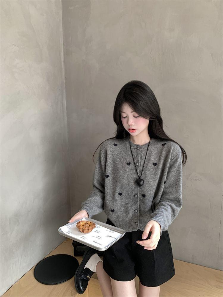 Crewneck Heart Pattern Button-Up Top Product Image