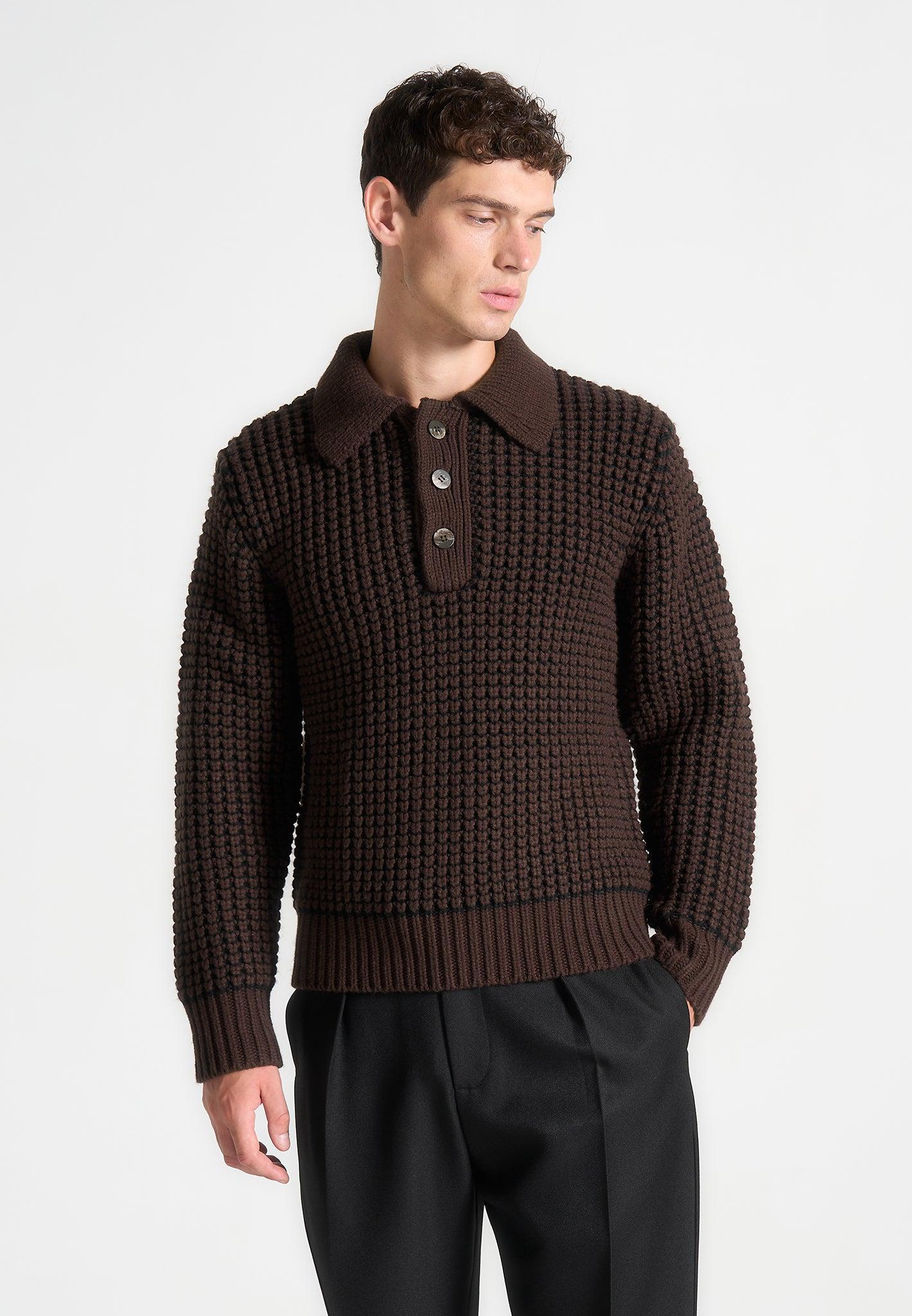 Textured Wool Knit Polo Jumper - Brown Male Product Image