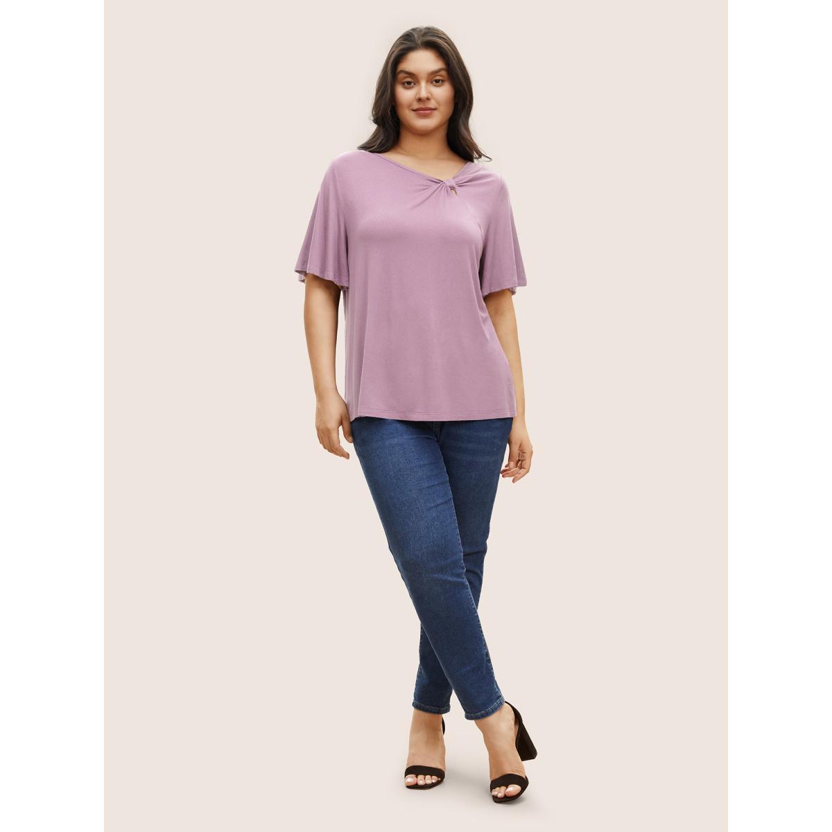 Plus Size Supersoft Essentials Twist Front Asymmetrical Neck T-shirt Lilac Women Elegant Non Plain Asymmetrical Neck Everyday T-shirts BloomChic 12/L Product Image