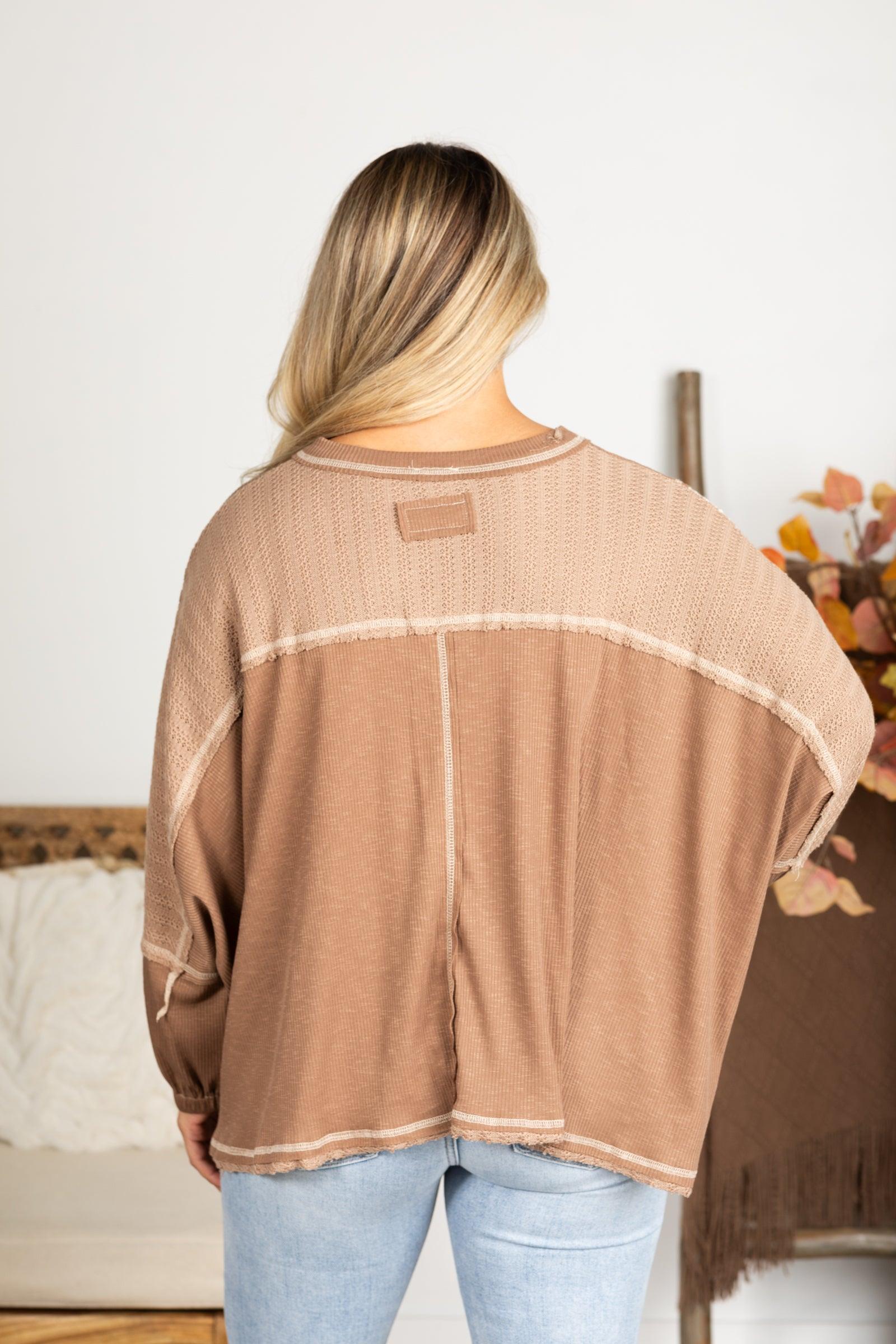 Mocha V-Neck Overlock Stitch Ribbed Knit Top Product Image